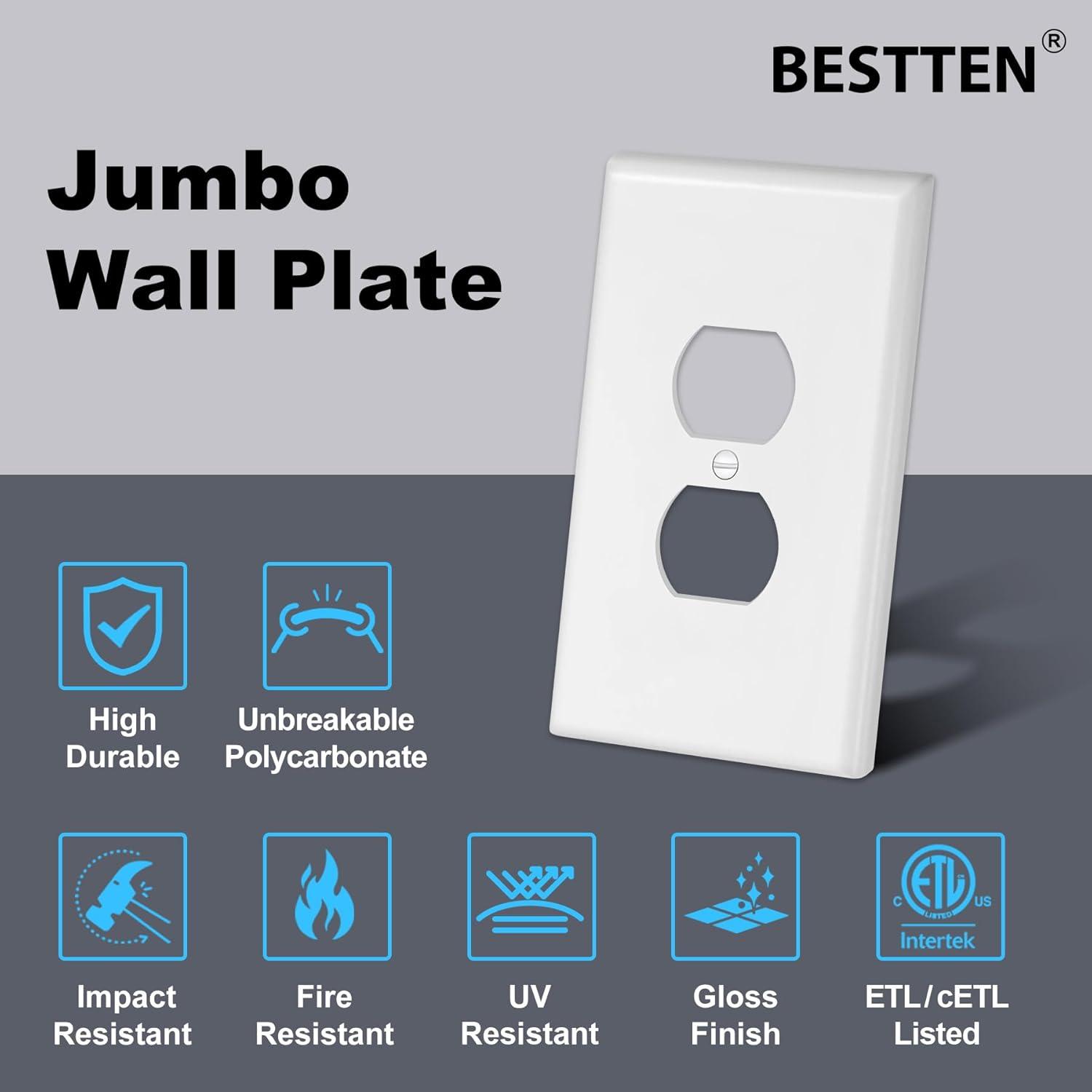 imageBESTTEN 10 Pack 1Gang Jumbo Duplex Receptacle Outlet Wall Plate OverSize Unbreakable Polycarbonate Electrical Outlet Plate and Switch Cover ETL Listed White50
