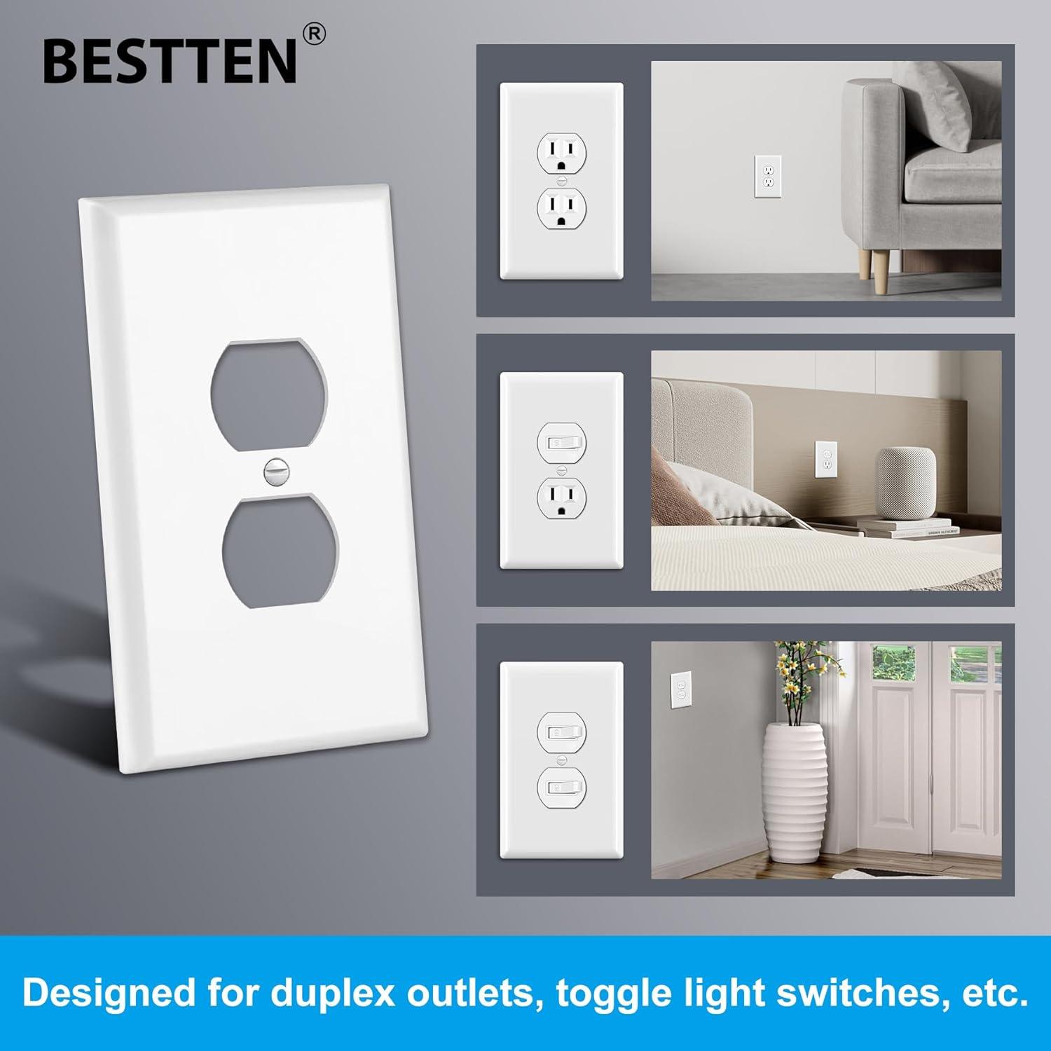 imageBESTTEN 10 Pack 1Gang Jumbo Duplex Receptacle Outlet Wall Plate OverSize Unbreakable Polycarbonate Electrical Outlet Plate and Switch Cover ETL Listed White10