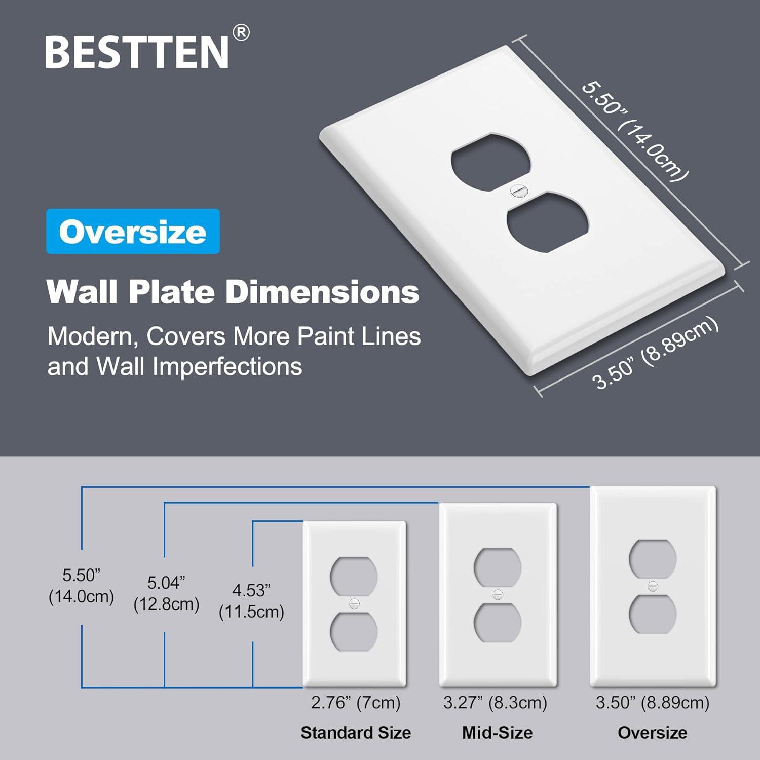 imageBESTTEN 10 Pack 1Gang Jumbo Duplex Receptacle Outlet Wall Plate OverSize Unbreakable Polycarbonate Electrical Outlet Plate and Switch Cover ETL Listed White10