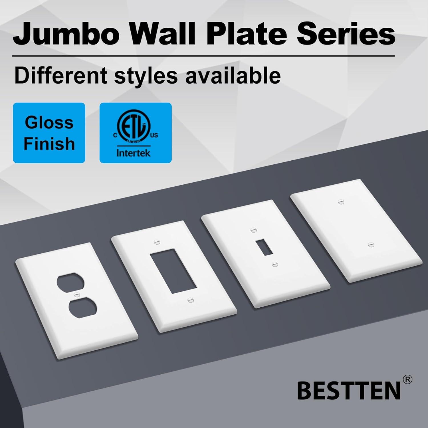 imageBESTTEN 10 Pack 1Gang Jumbo Duplex Receptacle Outlet Wall Plate OverSize Unbreakable Polycarbonate Electrical Outlet Plate and Switch Cover ETL Listed White10