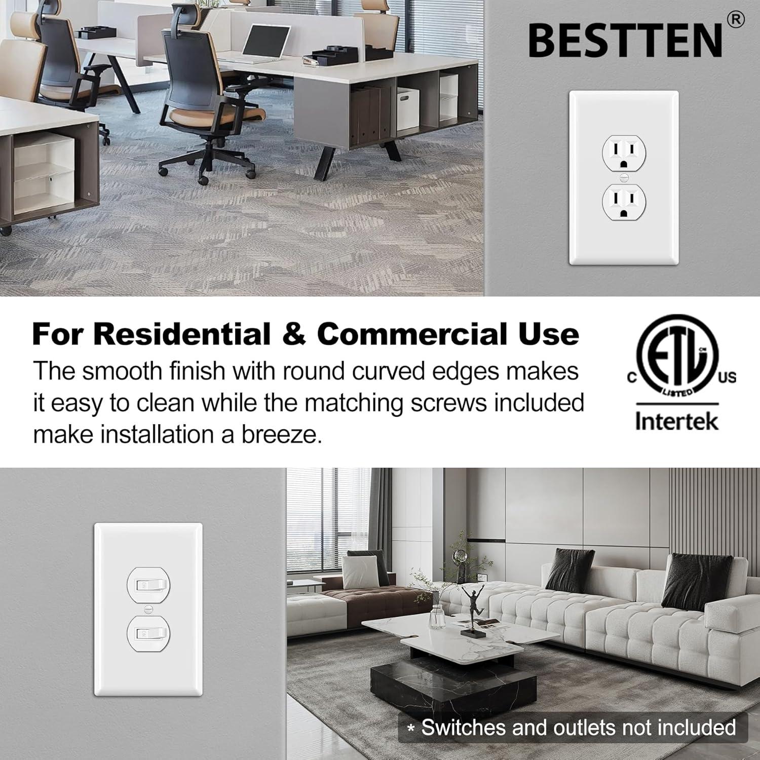 imageBESTTEN 10 Pack 1Gang Jumbo Duplex Receptacle Outlet Wall Plate OverSize Unbreakable Polycarbonate Electrical Outlet Plate and Switch Cover ETL Listed White10