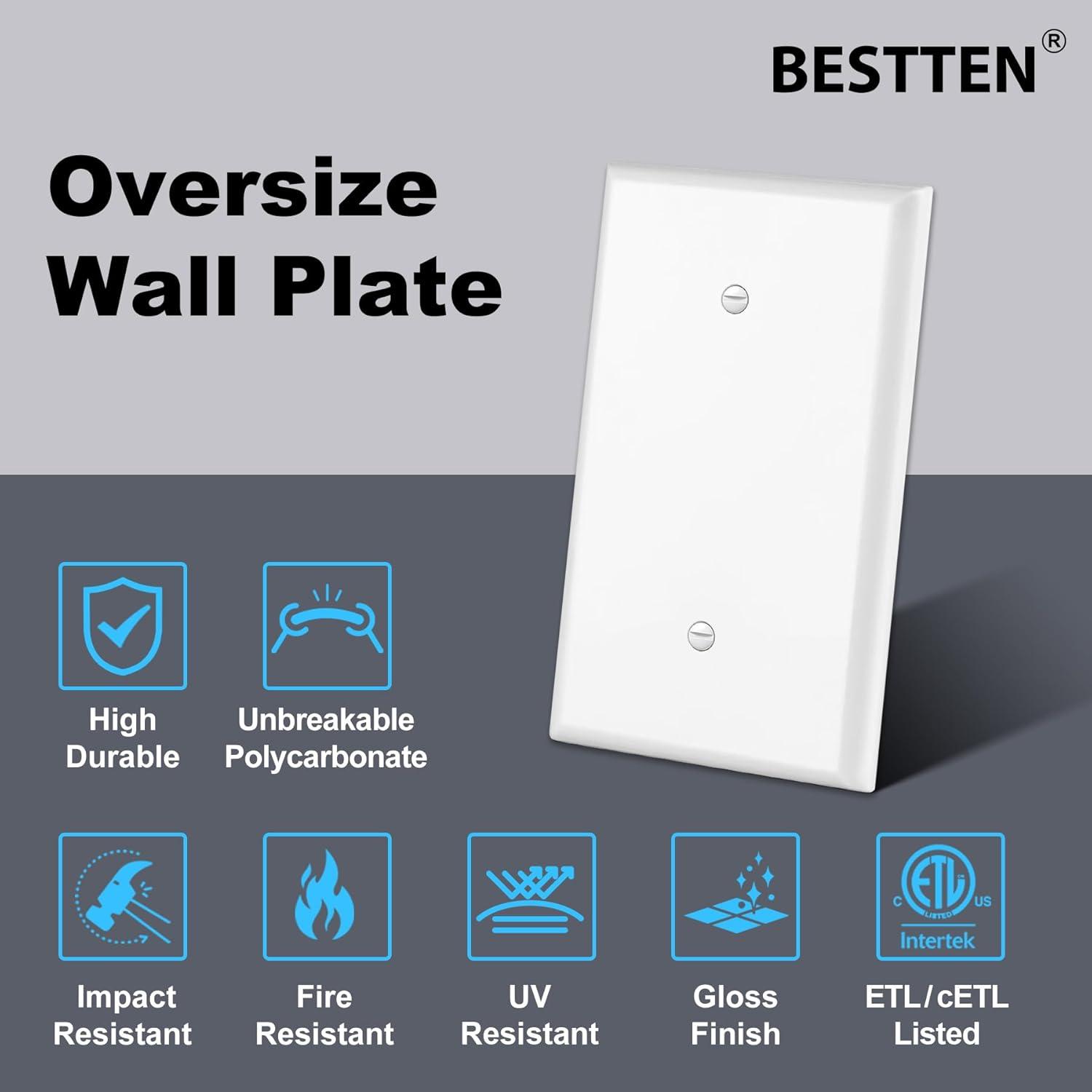 imageBESTTEN 10 Pack 1Gang Jumbo Duplex Receptacle Outlet Wall Plate OverSize Unbreakable Polycarbonate Electrical Outlet Plate and Switch Cover ETL Listed White10