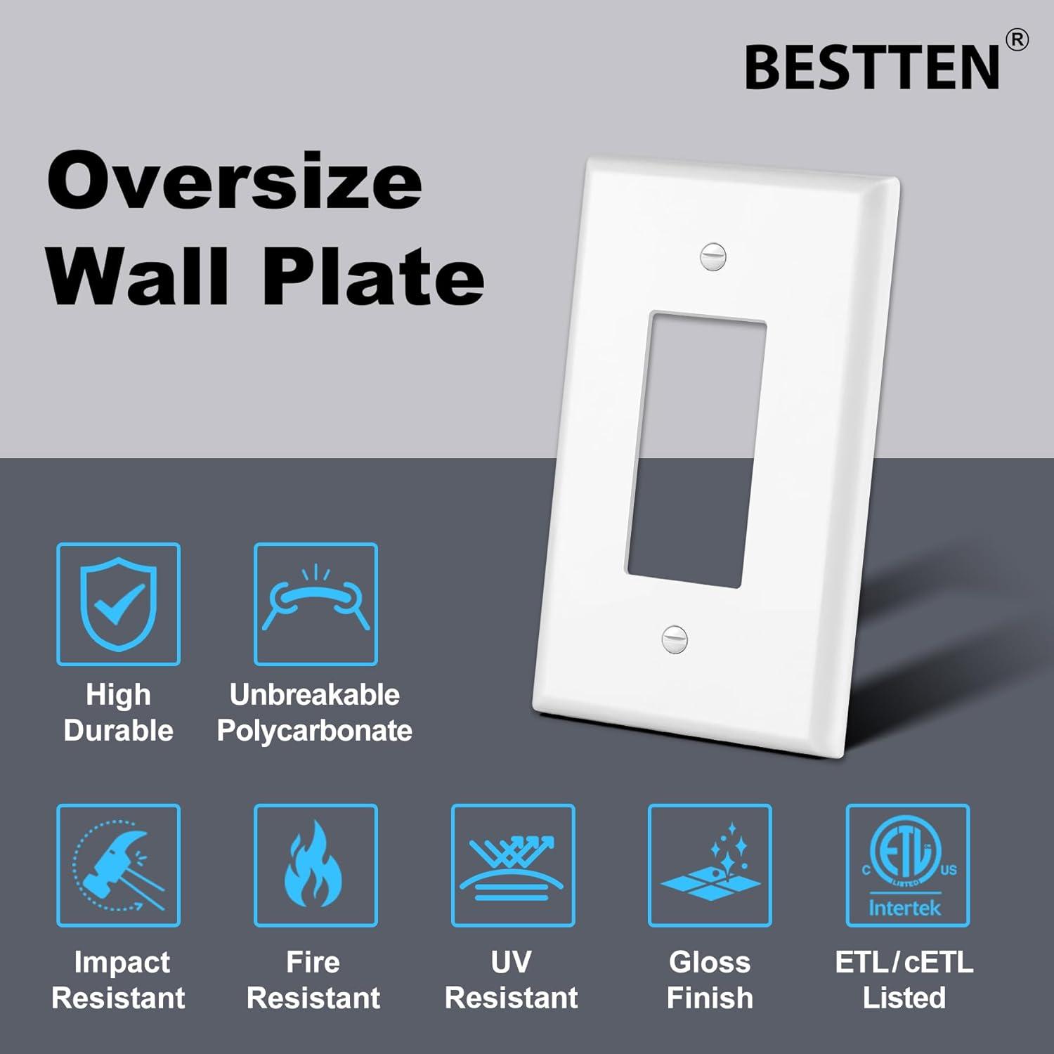 imageBESTTEN 10 Pack 1Gang Jumbo Duplex Receptacle Outlet Wall Plate OverSize Unbreakable Polycarbonate Electrical Outlet Plate and Switch Cover ETL Listed White10