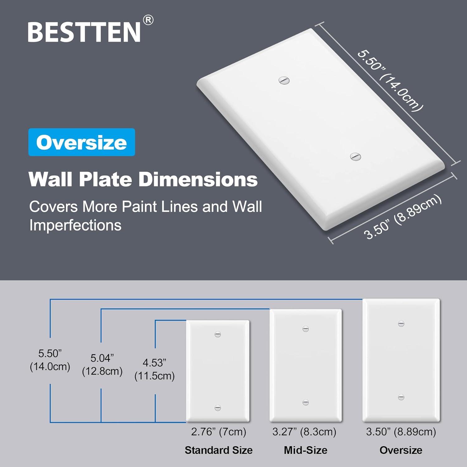 imageBESTTEN 10 Pack 1Gang Jumbo Duplex Receptacle Outlet Wall Plate OverSize Unbreakable Polycarbonate Electrical Outlet Plate and Switch Cover ETL Listed White10
