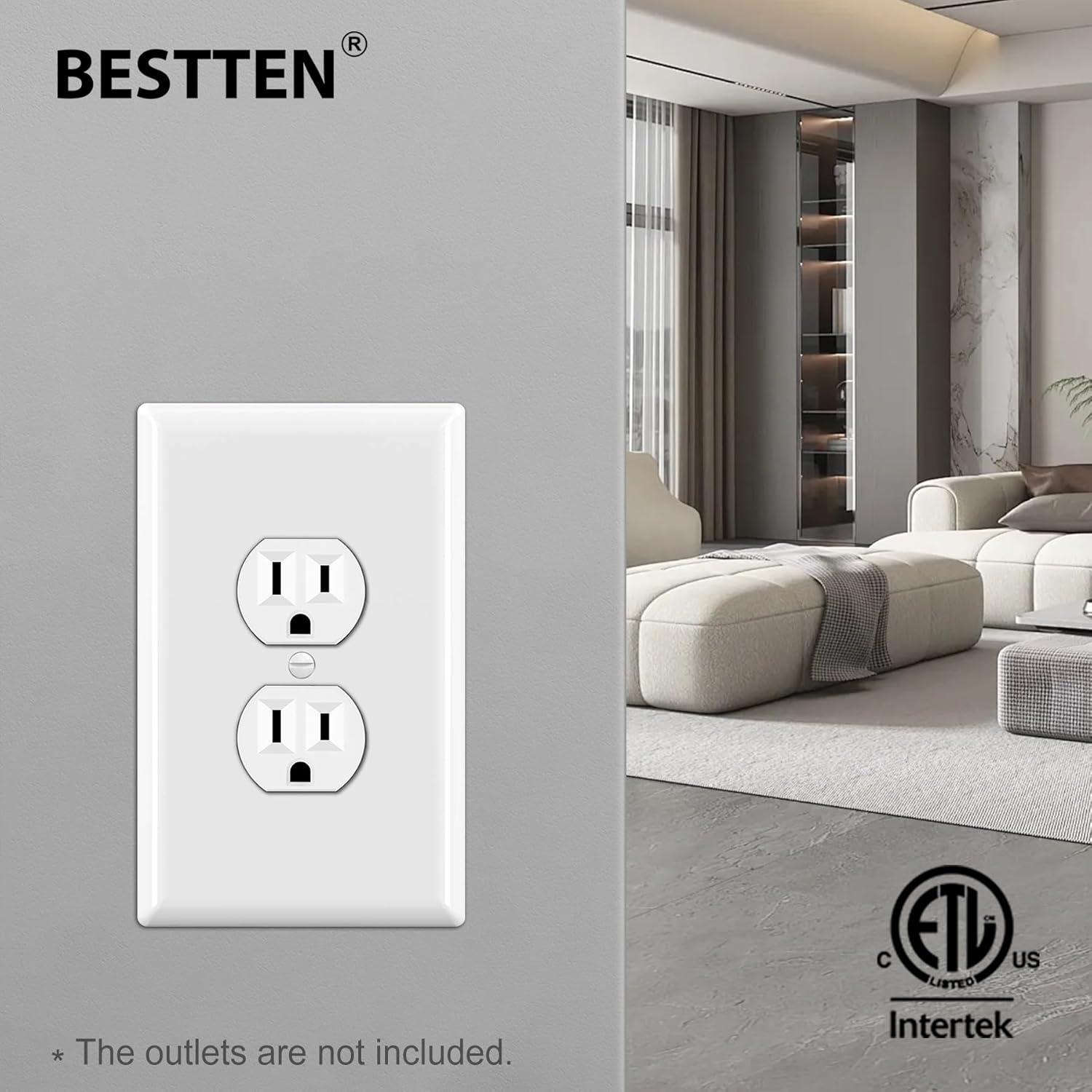 imageBESTTEN 10 Pack 1Gang Jumbo Duplex Receptacle Outlet Wall Plate OverSize Unbreakable Polycarbonate Electrical Outlet Plate and Switch Cover ETL Listed White10