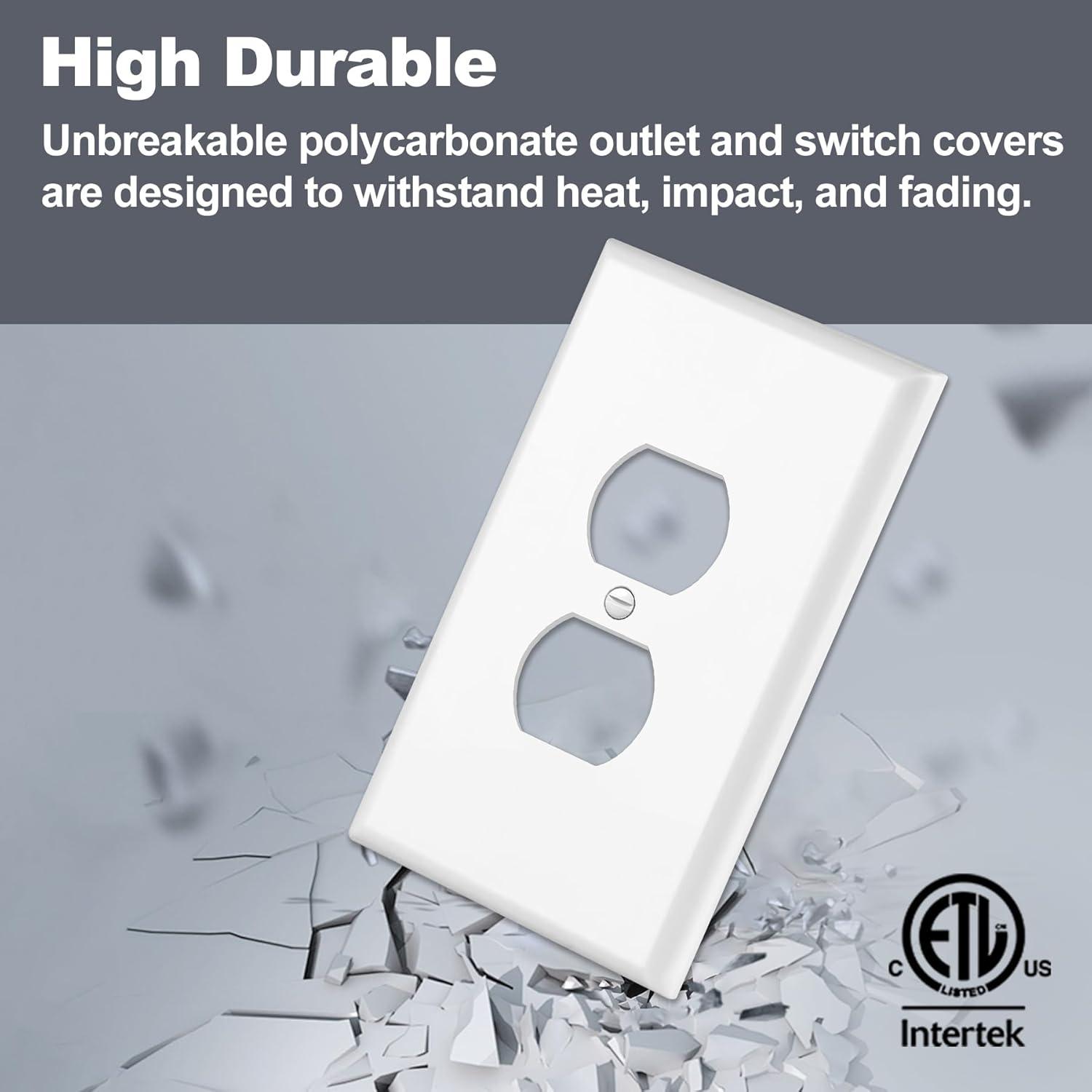 imageBESTTEN 10 Pack 1Gang Jumbo Duplex Receptacle Outlet Wall Plate OverSize Unbreakable Polycarbonate Electrical Outlet Plate and Switch Cover ETL Listed White50