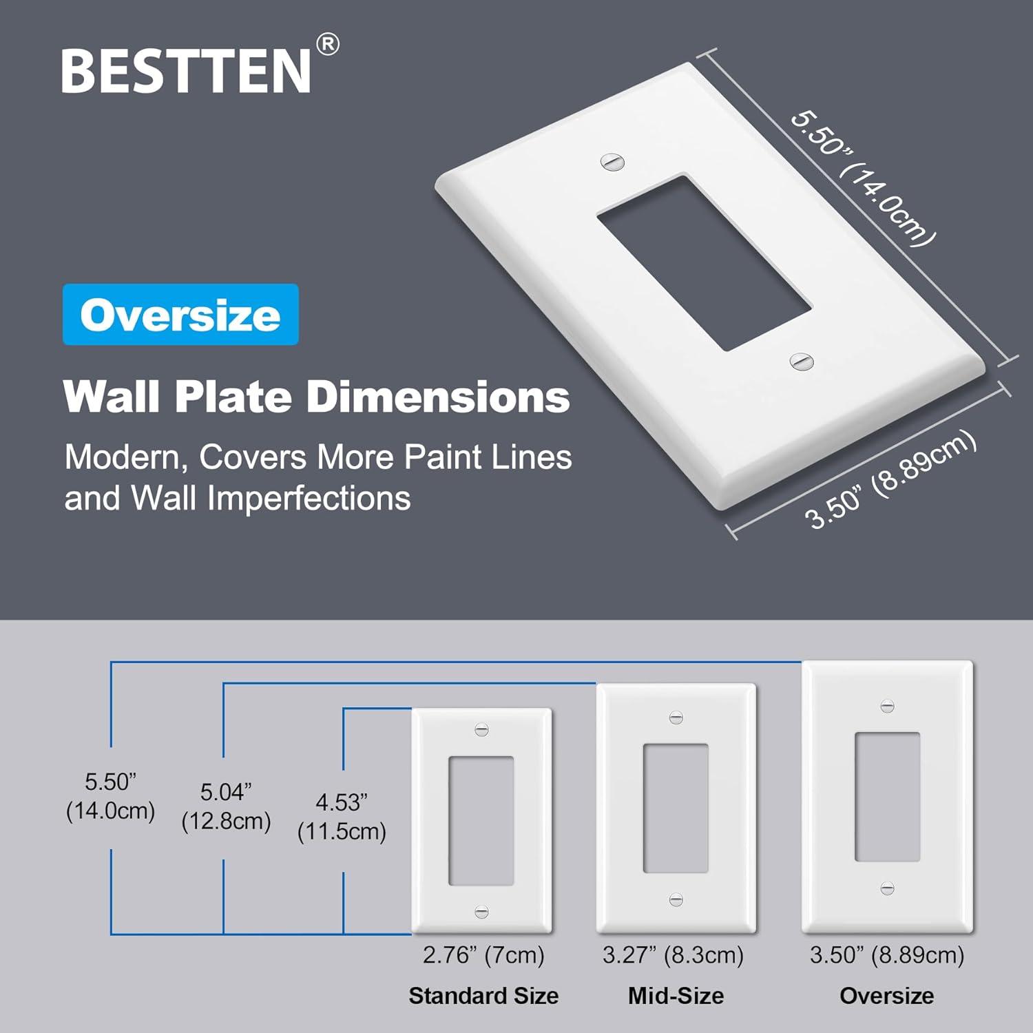 imageBESTTEN 10 Pack 1Gang Jumbo Duplex Receptacle Outlet Wall Plate OverSize Unbreakable Polycarbonate Electrical Outlet Plate and Switch Cover ETL Listed White10