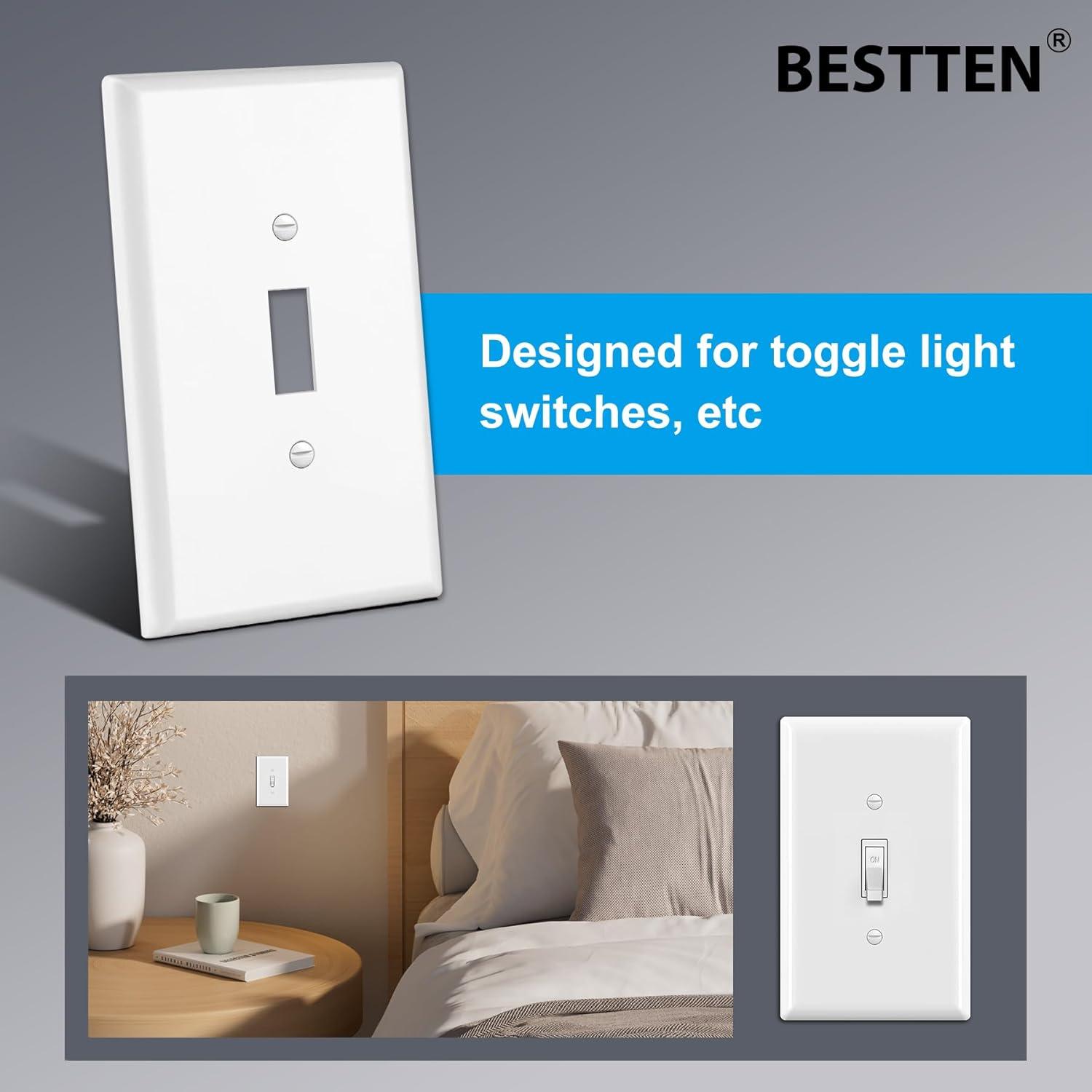 imageBESTTEN 10 Pack 1Gang Jumbo Duplex Receptacle Outlet Wall Plate OverSize Unbreakable Polycarbonate Electrical Outlet Plate and Switch Cover ETL Listed White10