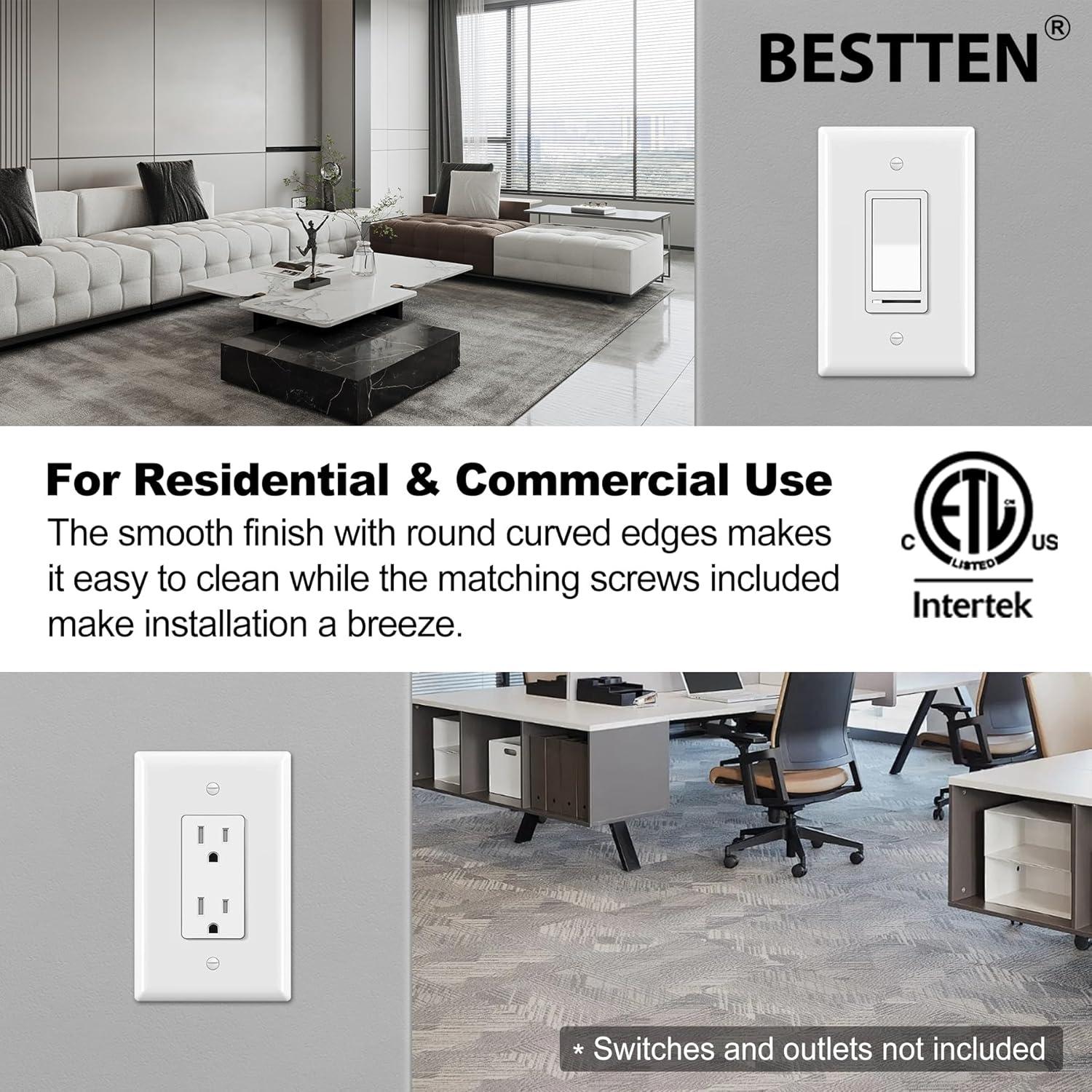 imageBESTTEN 10 Pack 1Gang Jumbo Duplex Receptacle Outlet Wall Plate OverSize Unbreakable Polycarbonate Electrical Outlet Plate and Switch Cover ETL Listed White10