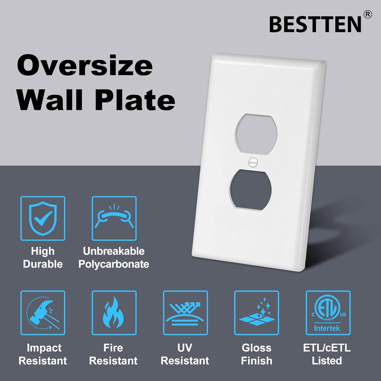 imageBESTTEN 10 Pack 1Gang Jumbo Duplex Receptacle Outlet Wall Plate OverSize Unbreakable Polycarbonate Electrical Outlet Plate and Switch Cover ETL Listed White10