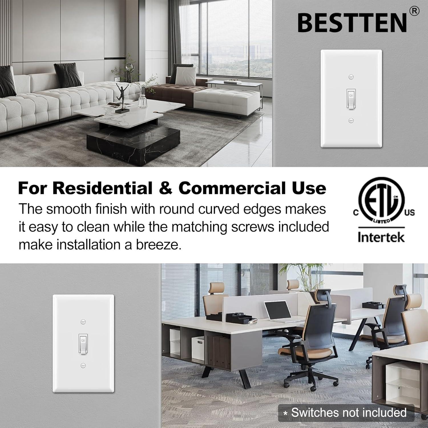 imageBESTTEN 10 Pack 1Gang Jumbo Duplex Receptacle Outlet Wall Plate OverSize Unbreakable Polycarbonate Electrical Outlet Plate and Switch Cover ETL Listed White10