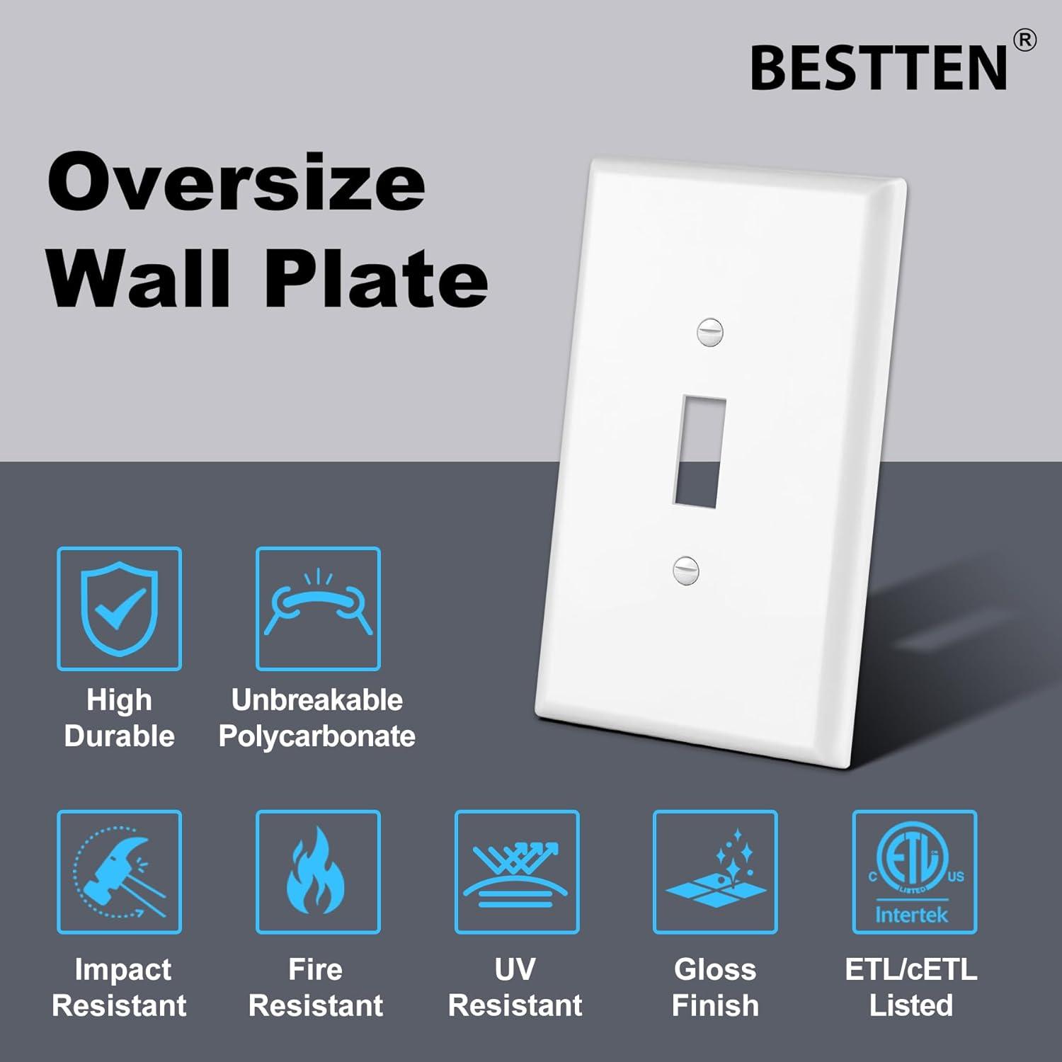 imageBESTTEN 10 Pack 1Gang Jumbo Duplex Receptacle Outlet Wall Plate OverSize Unbreakable Polycarbonate Electrical Outlet Plate and Switch Cover ETL Listed White10
