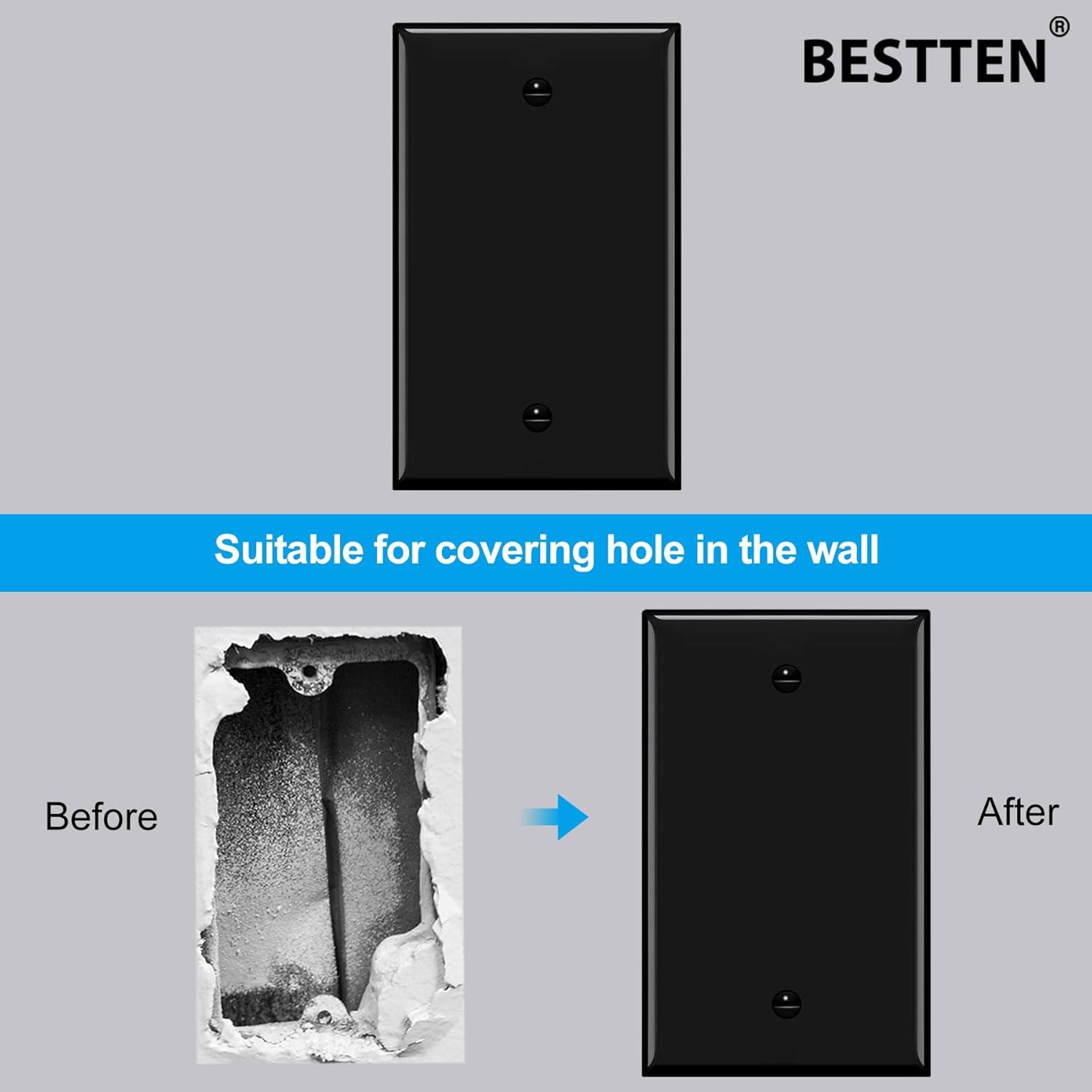 imageBESTTEN 10 Pack 1Gang No Device Blank Wall Plate Standard Size H453 x W276 Unbreakable Polycarbonate Thermoplastic Outlet Cover UL Listed WhiteGloss Black