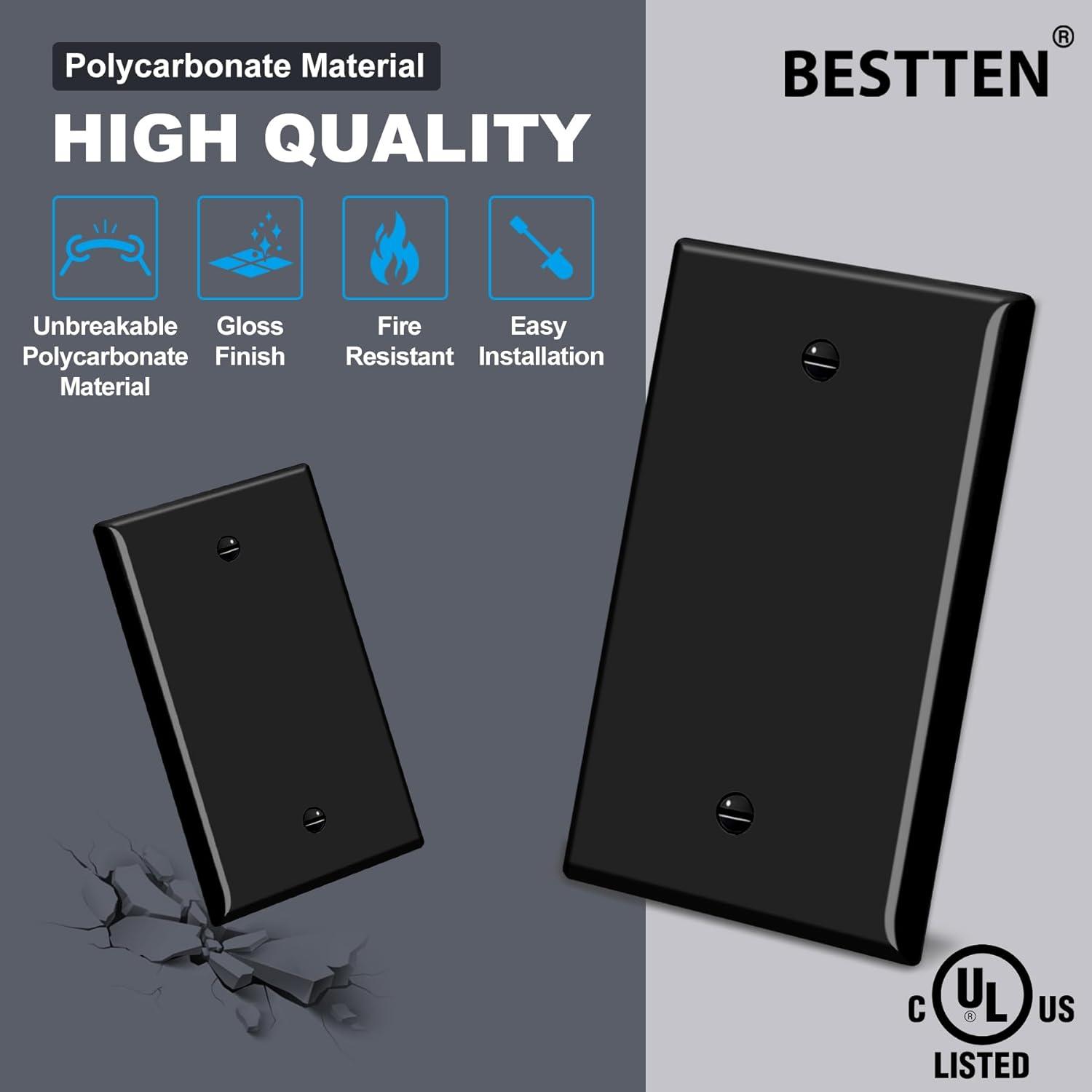 imageBESTTEN 10 Pack 1Gang No Device Blank Wall Plate Standard Size H453 x W276 Unbreakable Polycarbonate Thermoplastic Outlet Cover UL Listed WhiteGloss Black