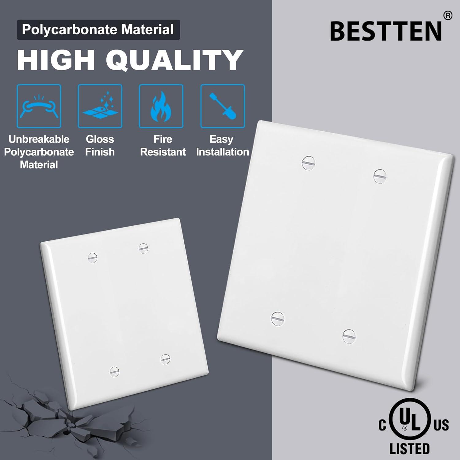 imageBESTTEN 10 Pack 1Gang No Device Blank Wall Plate Standard Size H453 x W276 Unbreakable Polycarbonate Thermoplastic Outlet Cover UL Listed WhiteGloss White