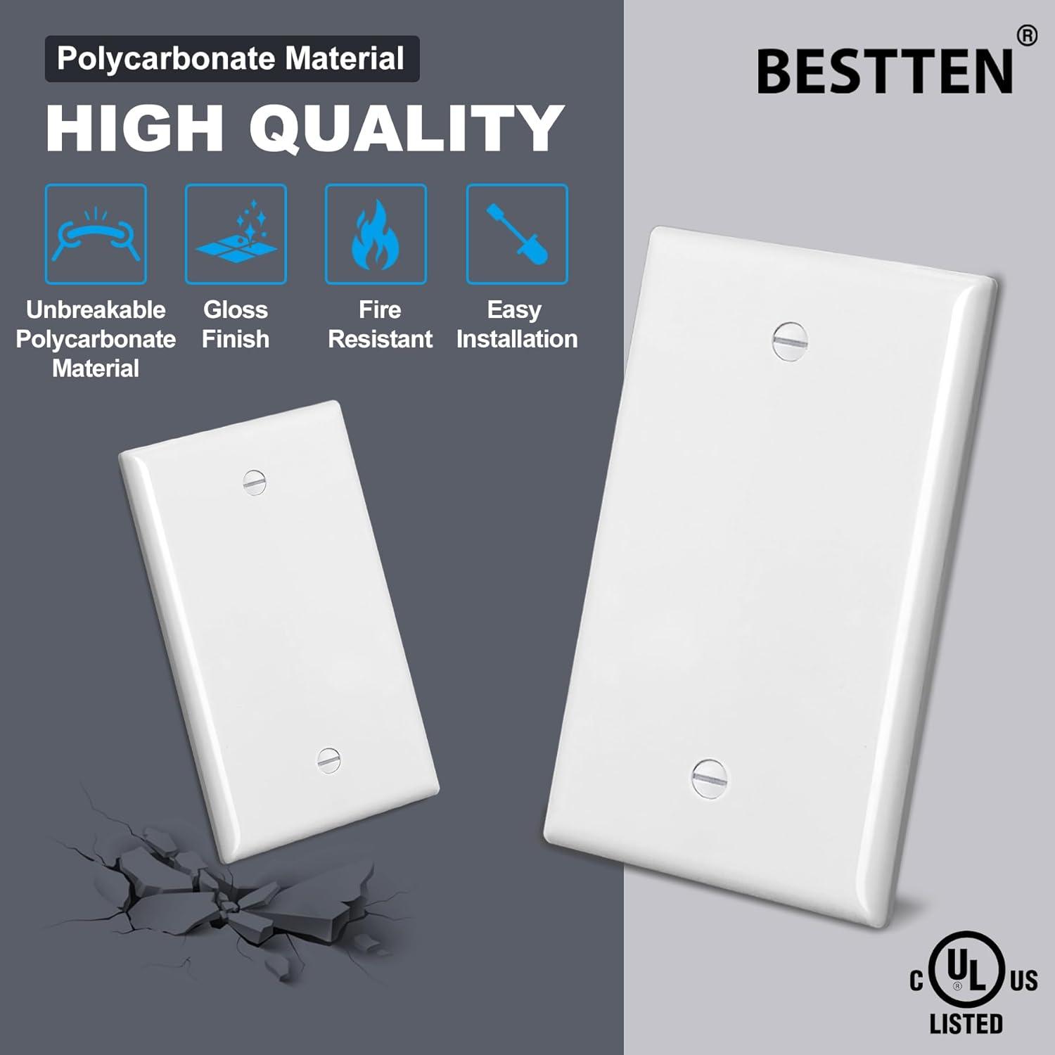 imageBESTTEN 10 Pack 1Gang No Device Blank Wall Plate Standard Size H453 x W276 Unbreakable Polycarbonate Thermoplastic Outlet Cover UL Listed WhiteGloss White