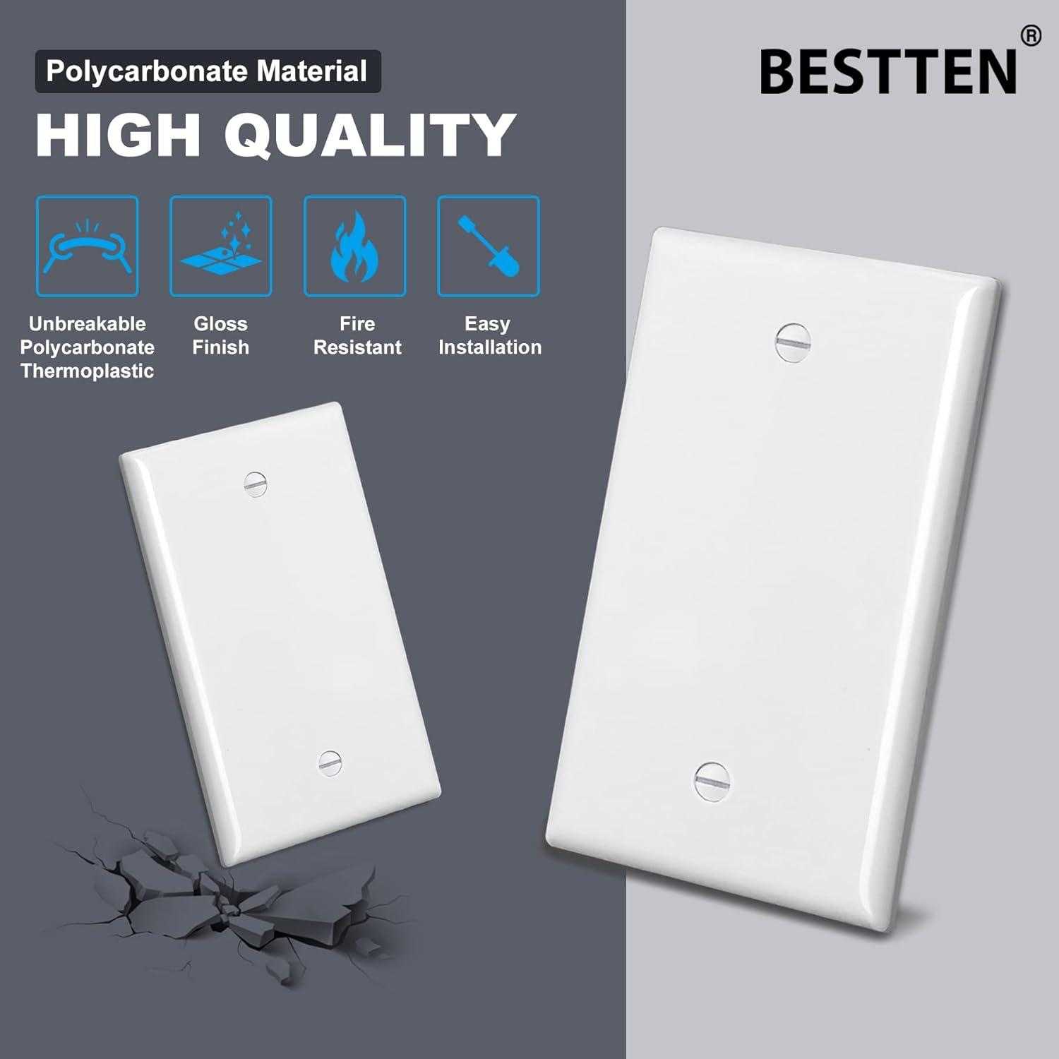 imageBESTTEN 10 Pack 1Gang No Device Blank Wall Plate Standard Size H453 x W276 Unbreakable Polycarbonate Thermoplastic Outlet Cover UL Listed WhiteGloss White