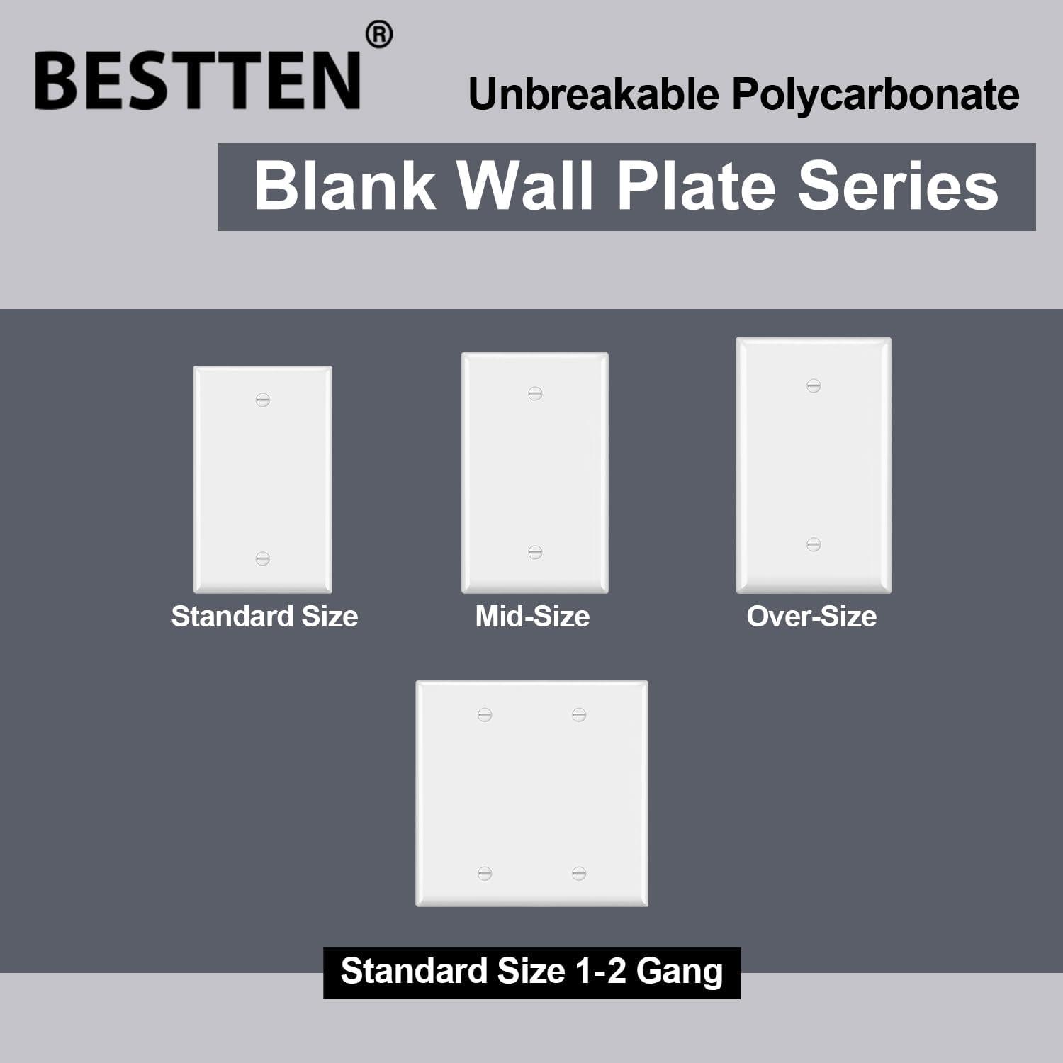 imageBESTTEN 10 Pack 1Gang No Device Blank Wall Plate Standard Size H453 x W276 Unbreakable Polycarbonate Thermoplastic Outlet Cover UL Listed WhiteGloss White
