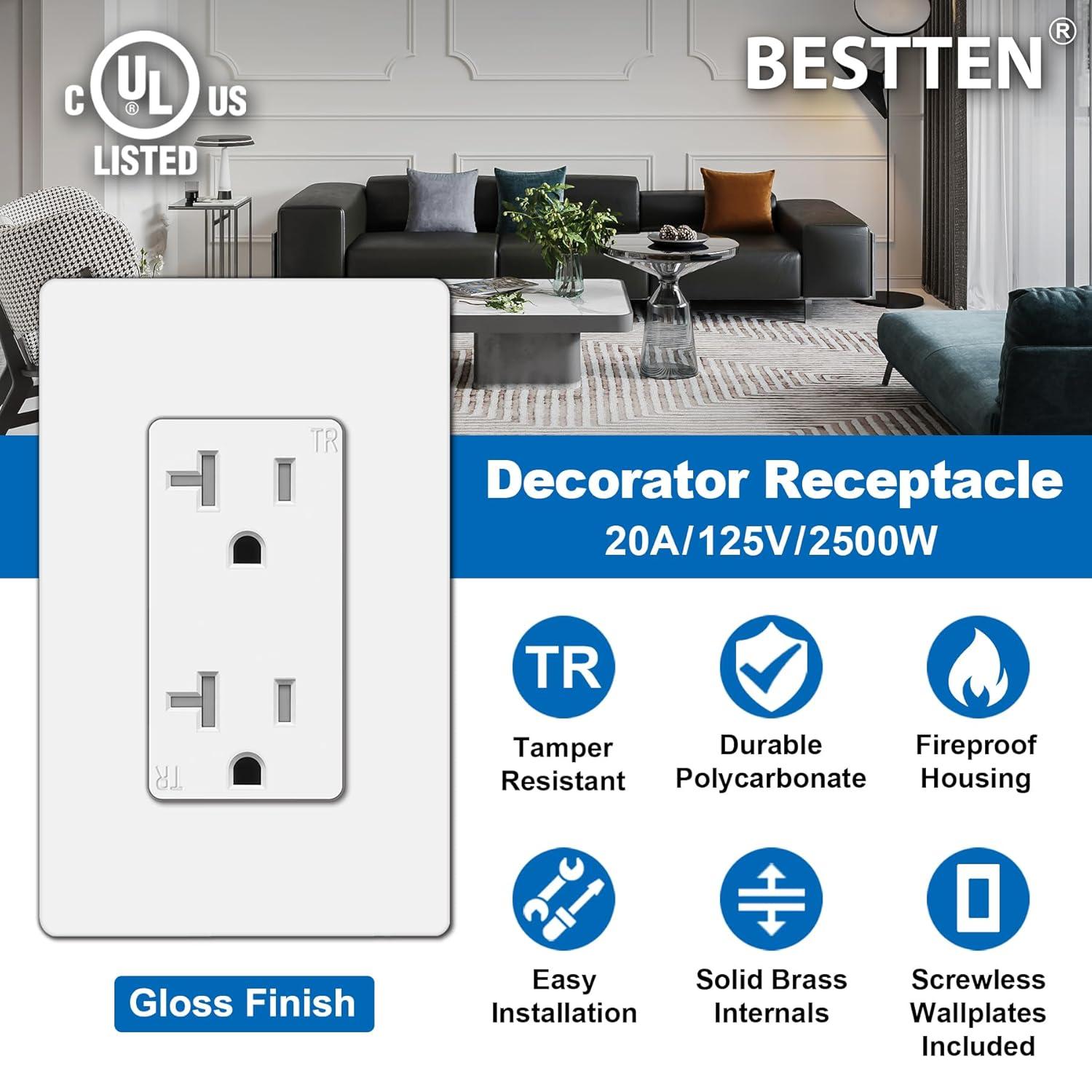 imageBESTTEN 10 Pack 20 Amp Receptacle Outlet with Tamper Resistant Screwless Wallplate Included 20A125V2500W UL Listed White20 Amp