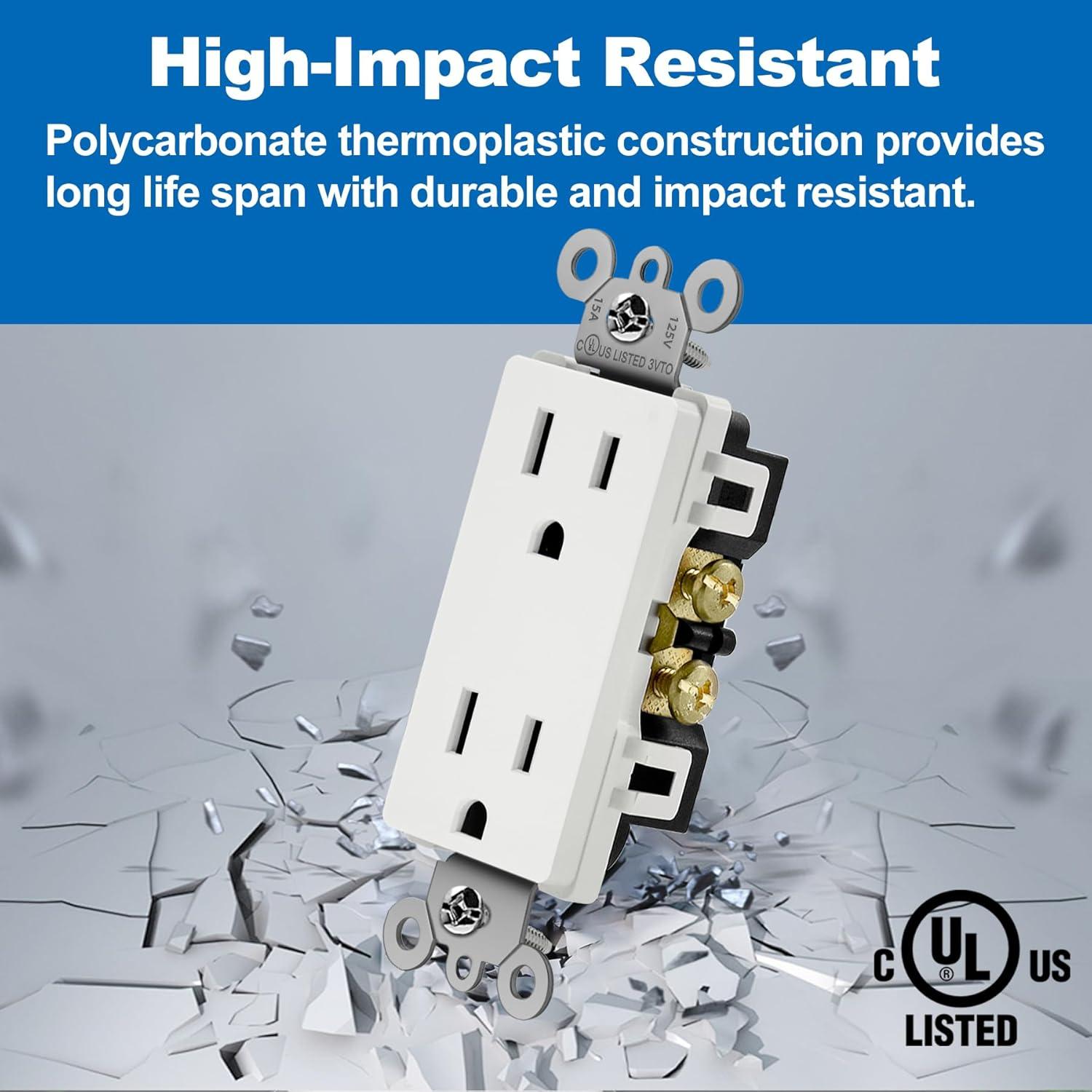 imageBESTTEN 15 Amp Decor Electrical Wall Outlet Receptacle NonTamperResistant 15A125V1875W for Residential and Commercial Use UL Listed 10 Pack White15 Amp