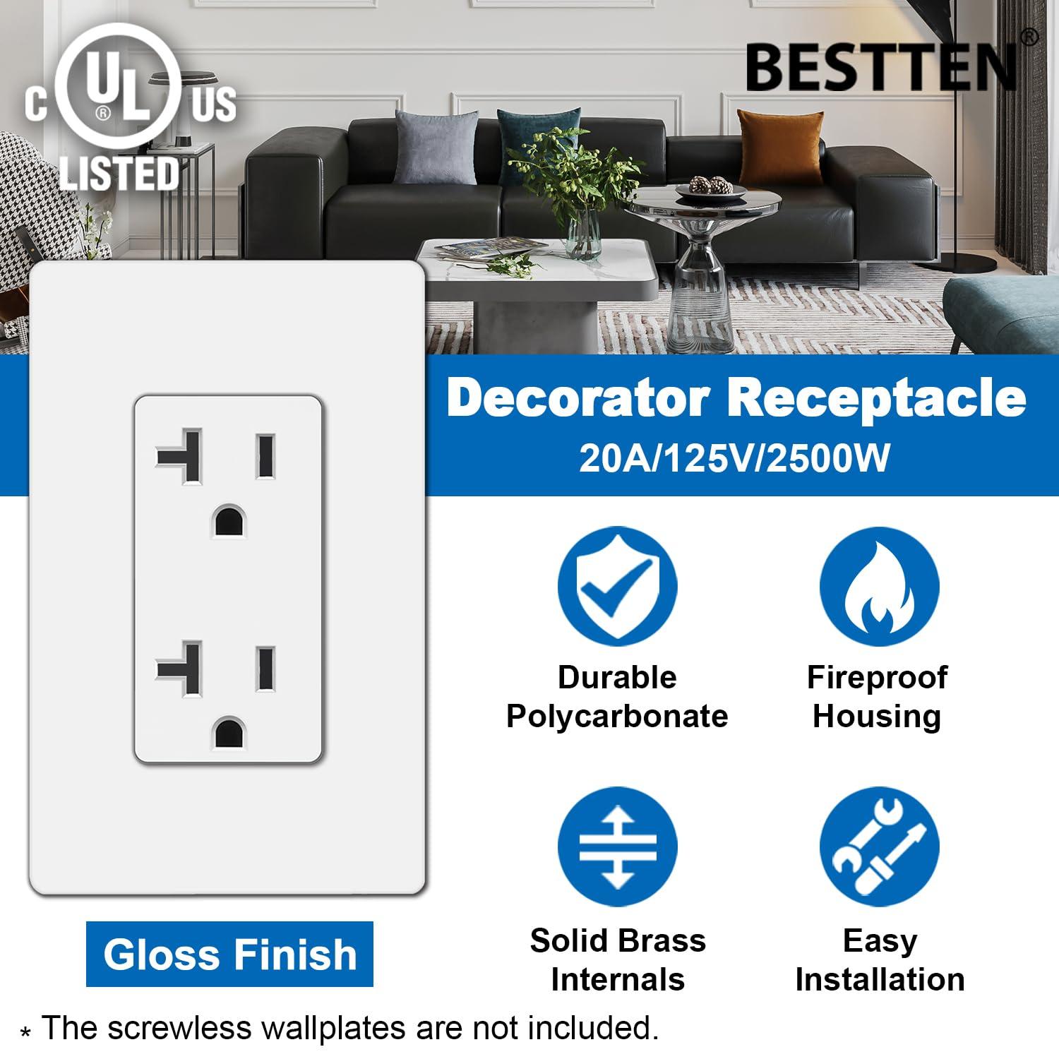imageBESTTEN 15 Amp Decor Electrical Wall Outlet Receptacle NonTamperResistant 15A125V1875W for Residential and Commercial Use UL Listed 10 Pack White20 Amp