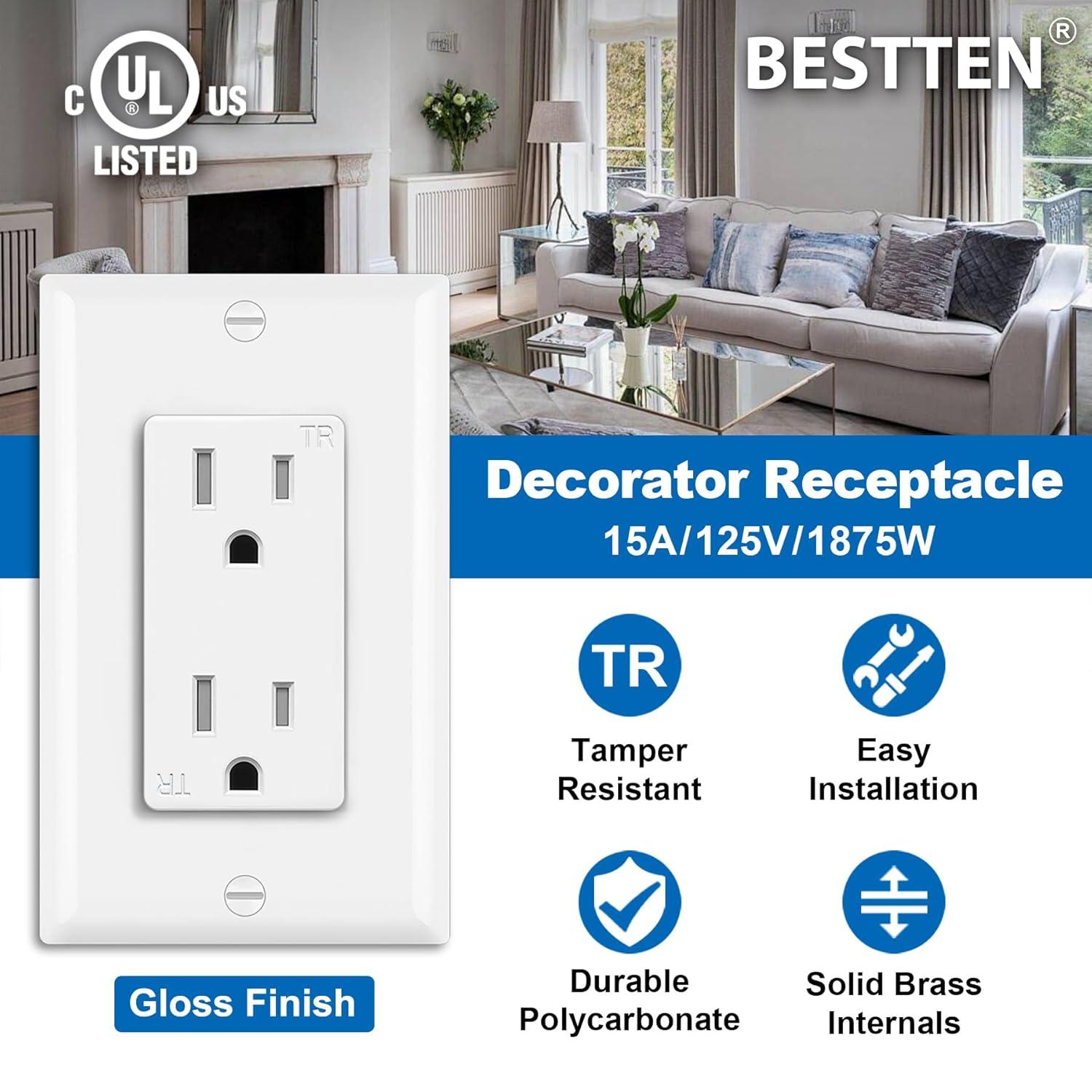 imageBESTTEN 15 Amp TamperResistant Decor Receptacle Outlet Residential and Commercial Use Wallplate Included 15A125V1875W UL Listed 10 Pack White50
