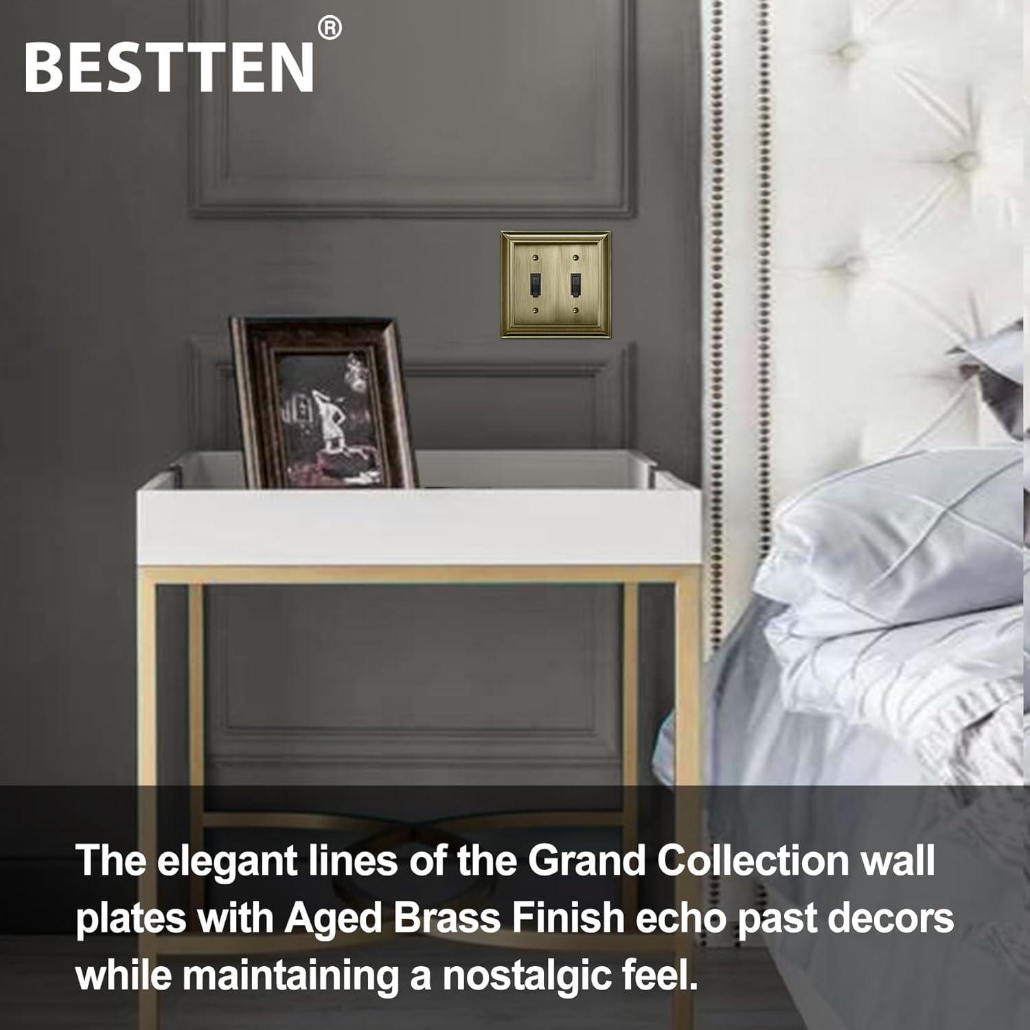 imageBESTTEN 2 Gang Toggle Light Switch Wall Plates Metal Grand Collection Corrosion Resistant Light Switch Cover Antique Brass 5 PackAntique Brass