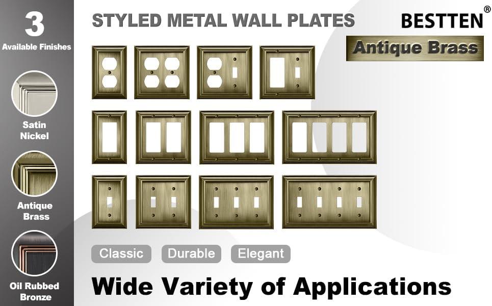 imageBESTTEN 2 Gang Toggle Light Switch Wall Plates Metal Grand Collection Corrosion Resistant Light Switch Cover Antique Brass 5 PackAntique Brass