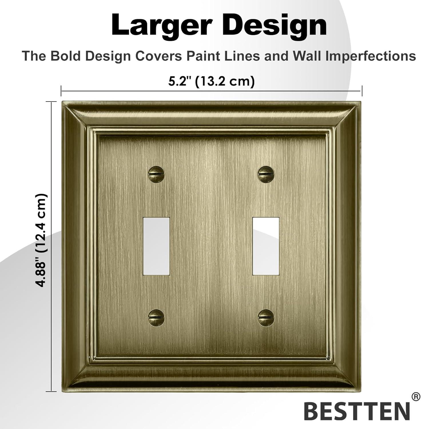 imageBESTTEN 2 Gang Toggle Light Switch Wall Plates Metal Grand Collection Corrosion Resistant Light Switch Cover Antique Brass 5 PackAntique Brass