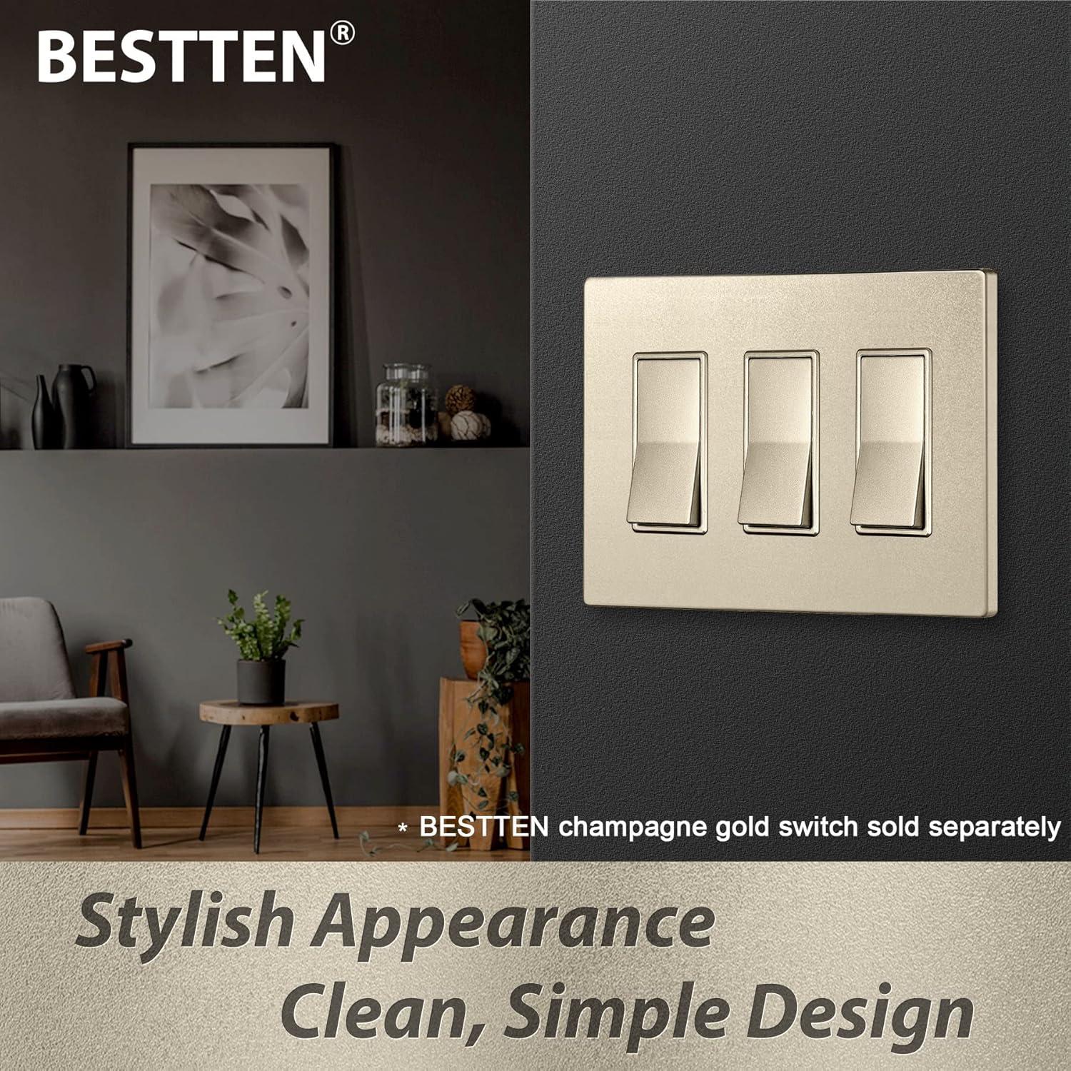 imageBESTTEN 2 Pack 3Gang Screwless Outlet Cover Decor Wall Plate H469 x W654 Signature Collection Gold for Light Switch Dimmer Receptacle