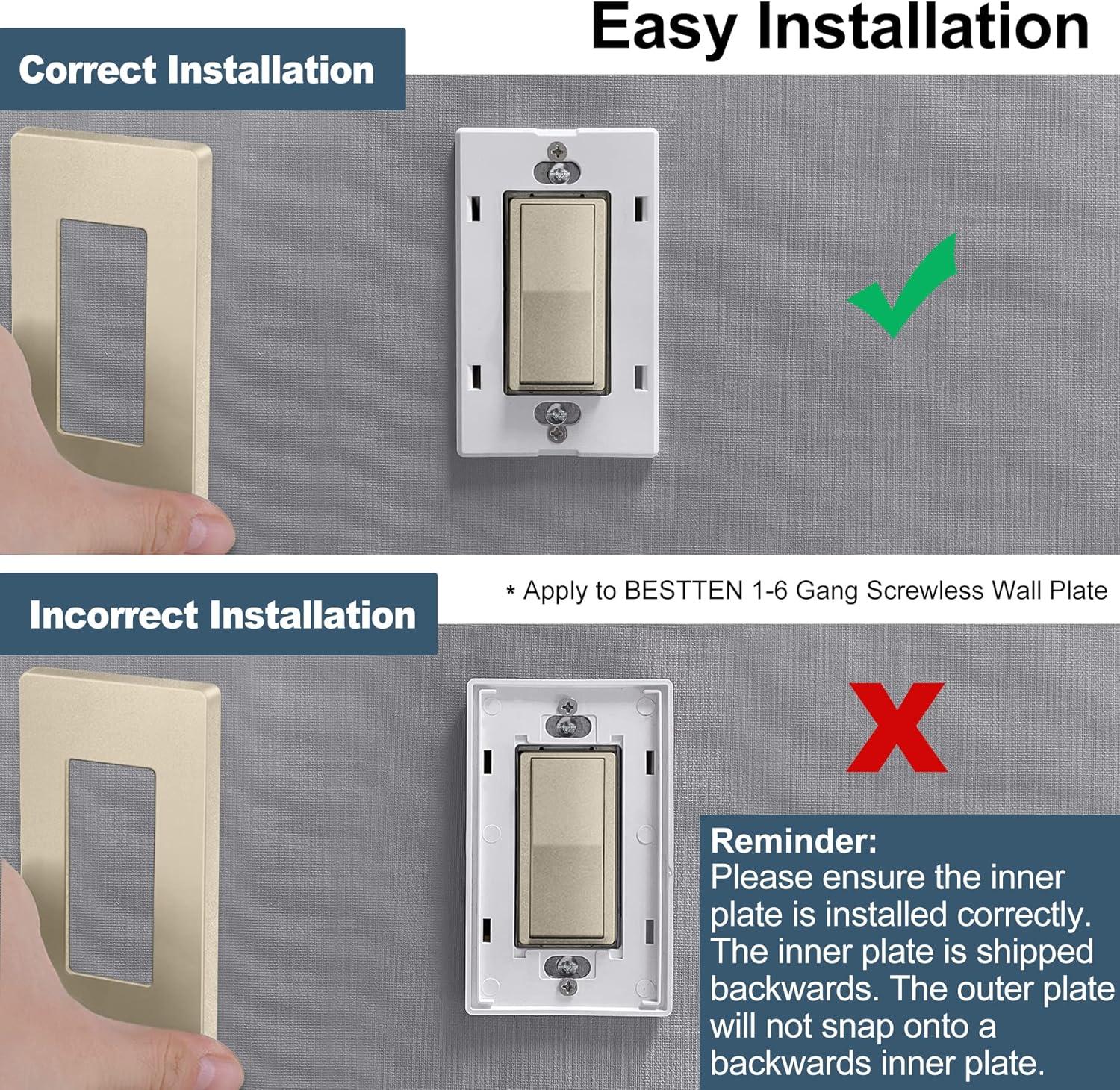 imageBESTTEN 2 Pack 3Gang Screwless Outlet Cover Decor Wall Plate H469 x W654 Signature Collection Gold for Light Switch Dimmer Receptacle