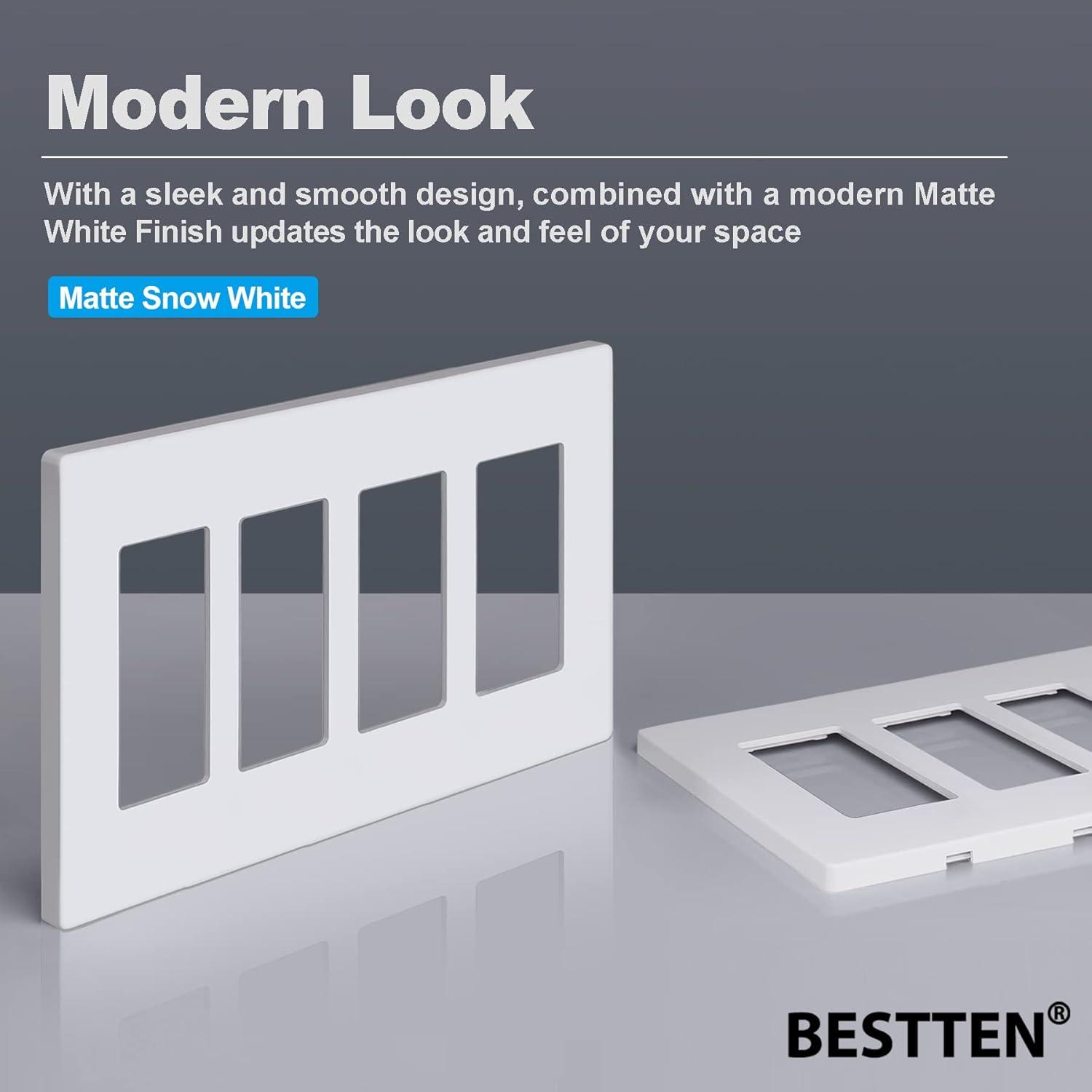 imageBESTTEN 2 Pack 3Gang Silver Screwless Wall Plate Decorator Switch Plate Outlet Cover Signature Collection USWP8 Series H469 x W654 for Dimmer ReceptacleMatte Snow White