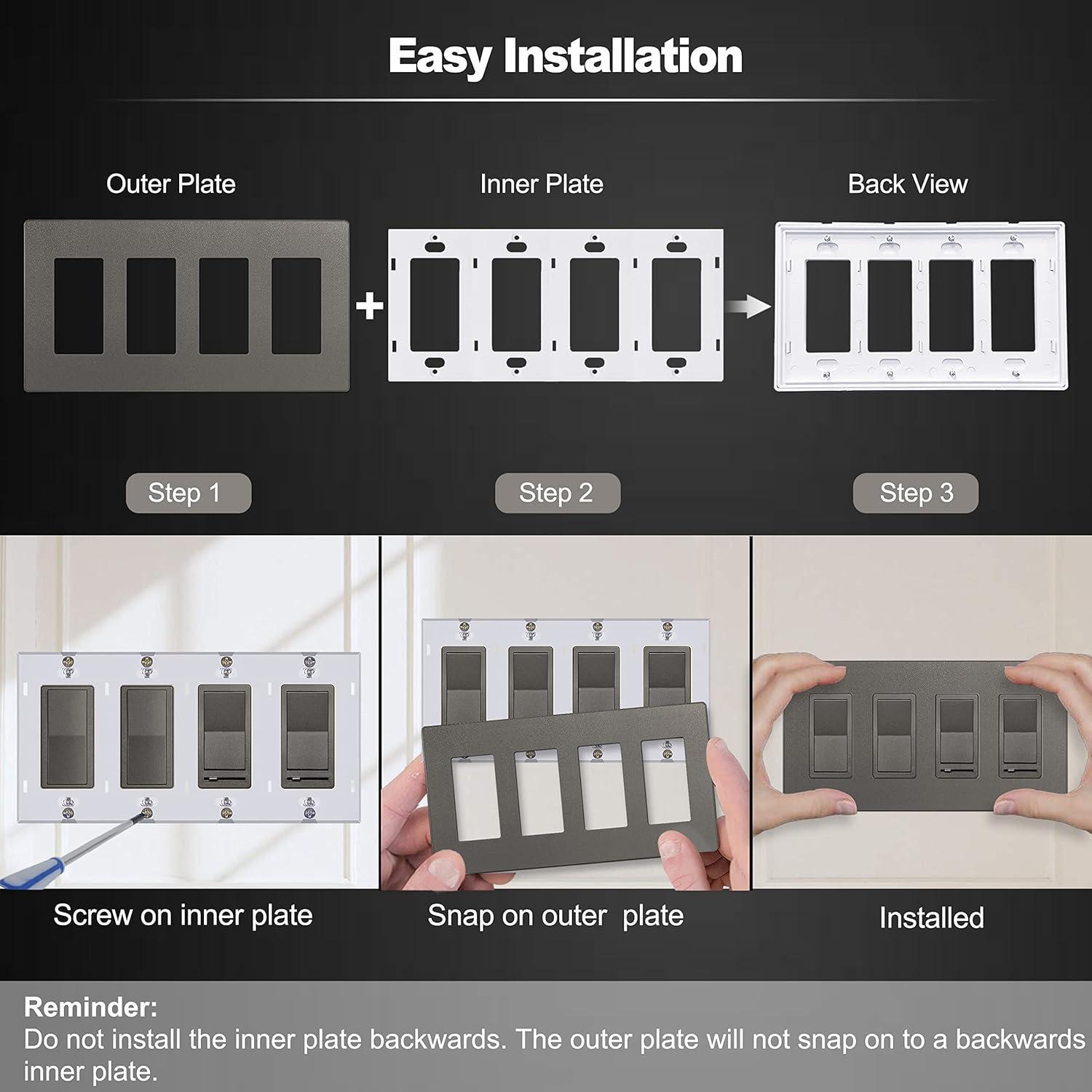 imageBESTTEN 2 Pack 3Gang Silver Screwless Wall Plate Decorator Switch Plate Outlet Cover Signature Collection USWP8 Series H469 x W654 for Dimmer ReceptacleMatte Brown
