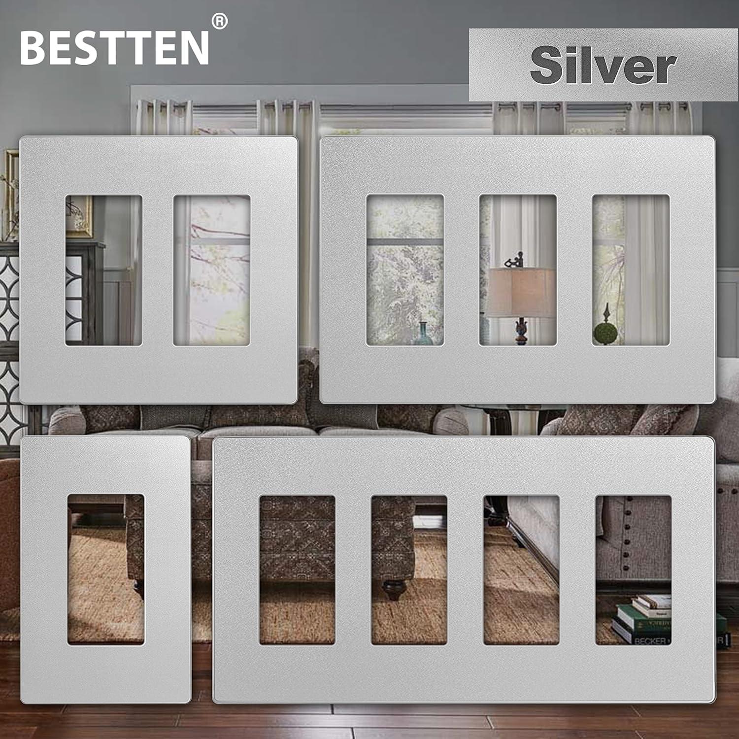 imageBESTTEN 2 Pack 3Gang Silver Screwless Wall Plate Decorator Switch Plate Outlet Cover Signature Collection USWP8 Series H469 x W654 for Dimmer ReceptacleSilver