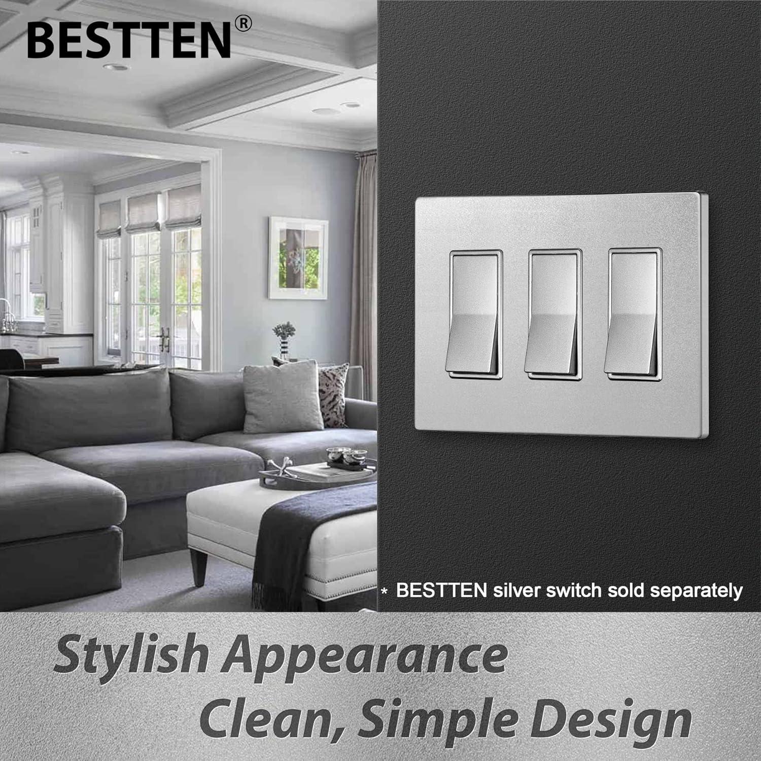 imageBESTTEN 2 Pack 3Gang Silver Screwless Wall Plate Decorator Switch Plate Outlet Cover Signature Collection USWP8 Series H469 x W654 for Dimmer ReceptacleSilver