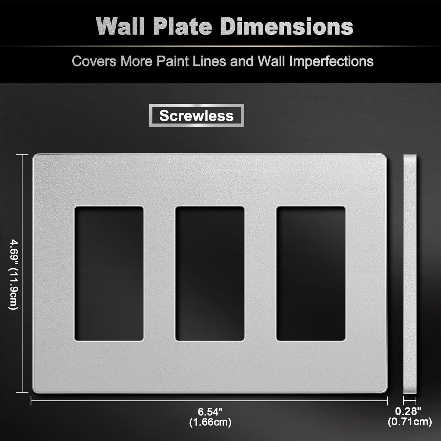 imageBESTTEN 2 Pack 3Gang Silver Screwless Wall Plate Decorator Switch Plate Outlet Cover Signature Collection USWP8 Series H469 x W654 for Dimmer ReceptacleSilver