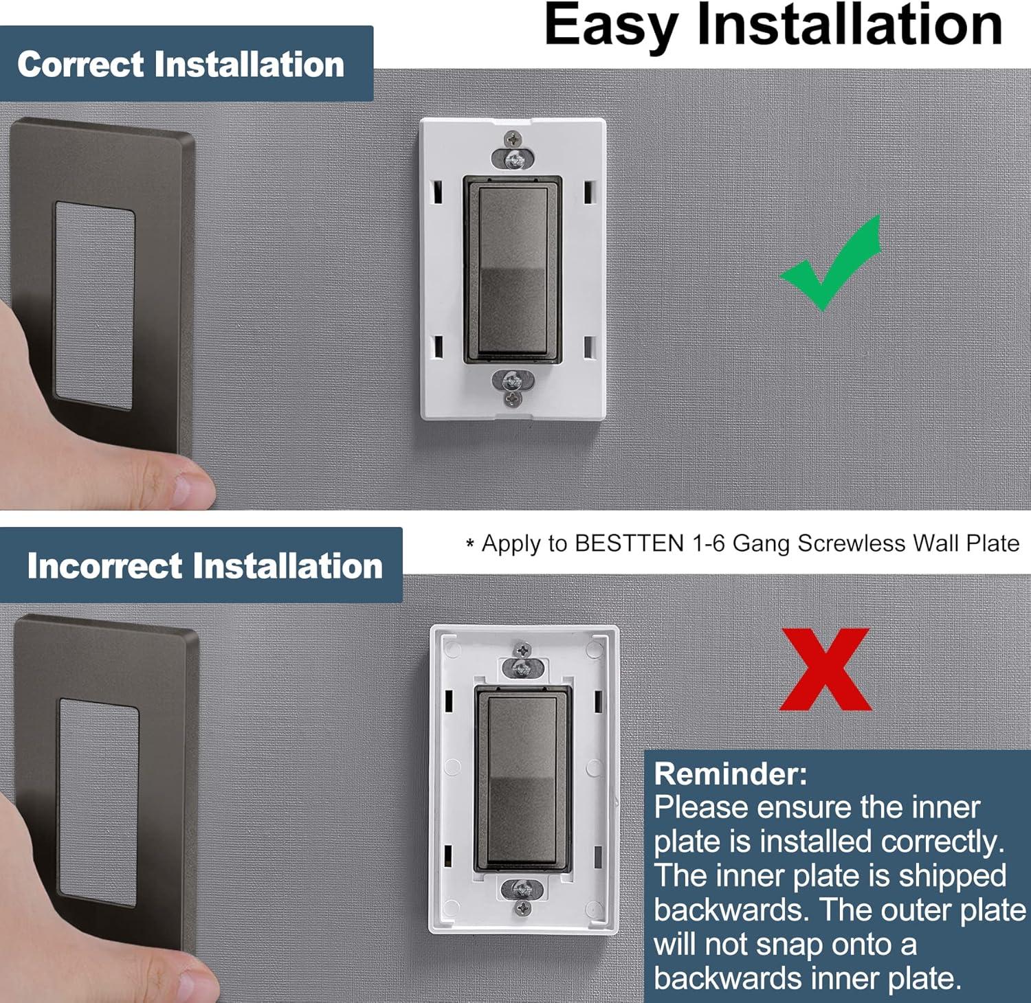 imageBESTTEN 2 Pack 3Gang Silver Screwless Wall Plate Decorator Switch Plate Outlet Cover Signature Collection USWP8 Series H469 x W654 for Dimmer ReceptacleMatte Brown