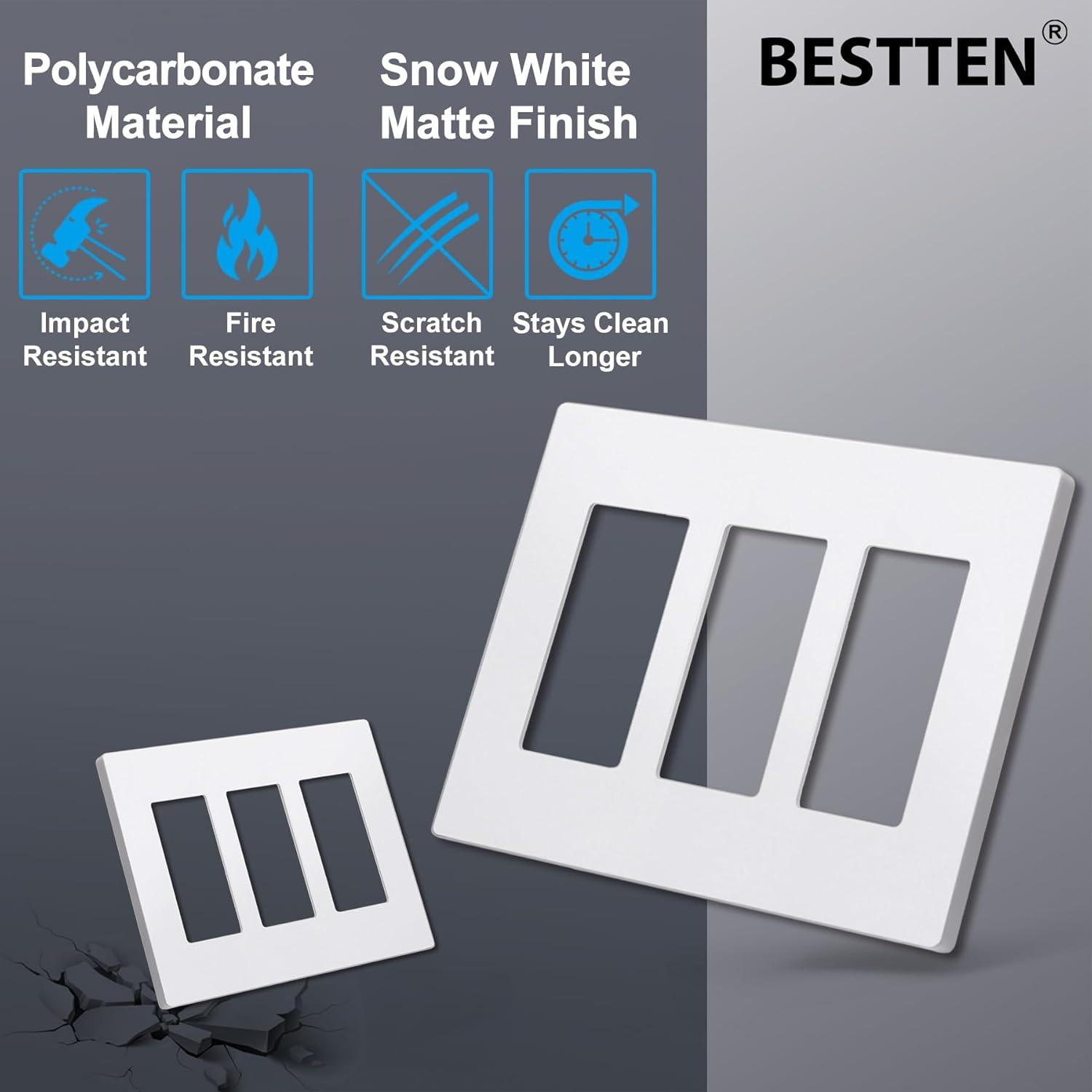 imageBESTTEN 2 Pack 3Gang Silver Screwless Wall Plate Decorator Switch Plate Outlet Cover Signature Collection USWP8 Series H469 x W654 for Dimmer ReceptacleMatte Snow White