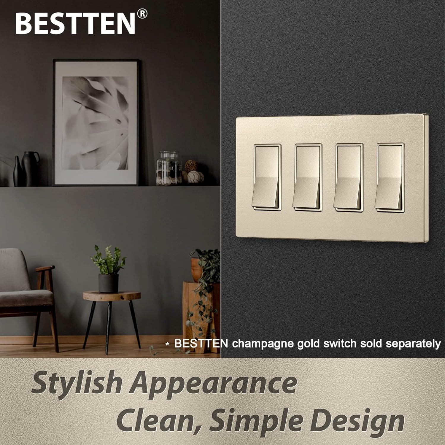 imageBESTTEN 2 Pack 3Gang Silver Screwless Wall Plate Decorator Switch Plate Outlet Cover Signature Collection USWP8 Series H469 x W654 for Dimmer ReceptacleChampagne Gold
