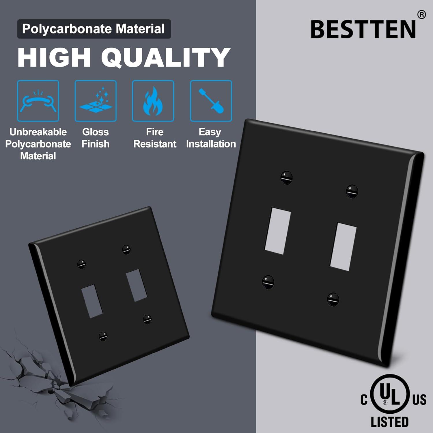 imageBESTTEN 2 Pack 3Gang Toggle Wall Plate Unbreakable Polycarbonate Toggle Light Switch Cover Standard Size UL Listed WhiteBlack
