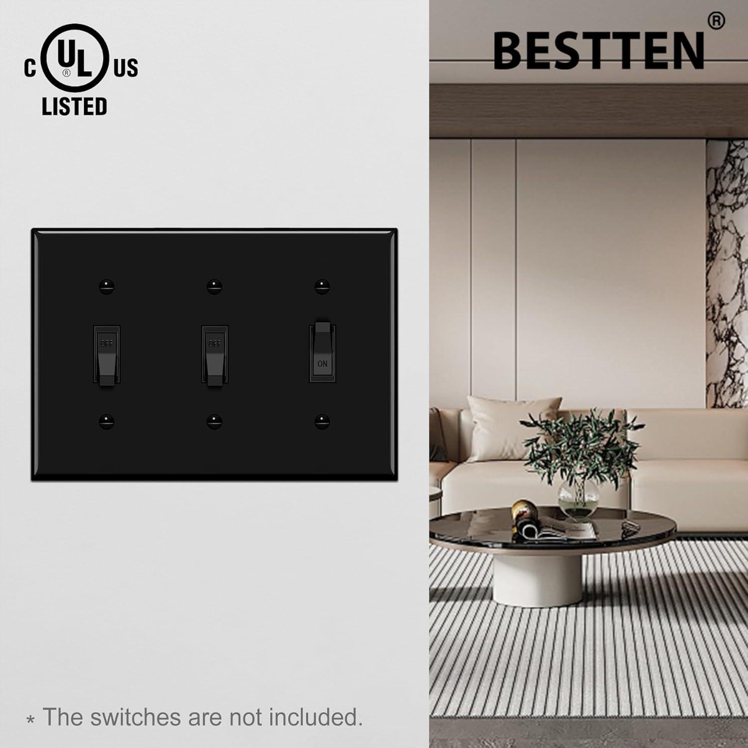 imageBESTTEN 2 Pack 3Gang Toggle Wall Plate Unbreakable Polycarbonate Toggle Light Switch Cover Standard Size UL Listed WhiteBlack