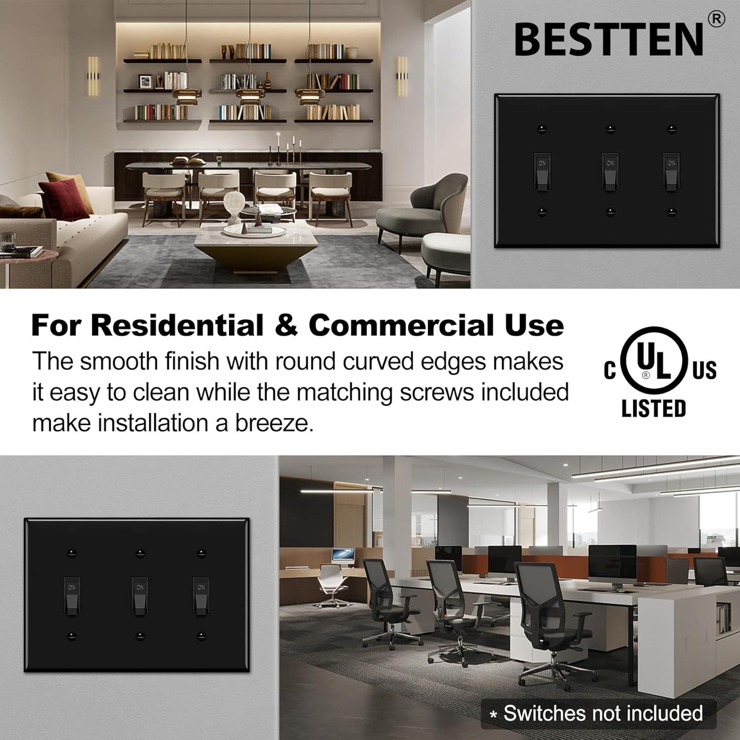 imageBESTTEN 2 Pack 3Gang Toggle Wall Plate Unbreakable Polycarbonate Toggle Light Switch Cover Standard Size UL Listed WhiteBlack