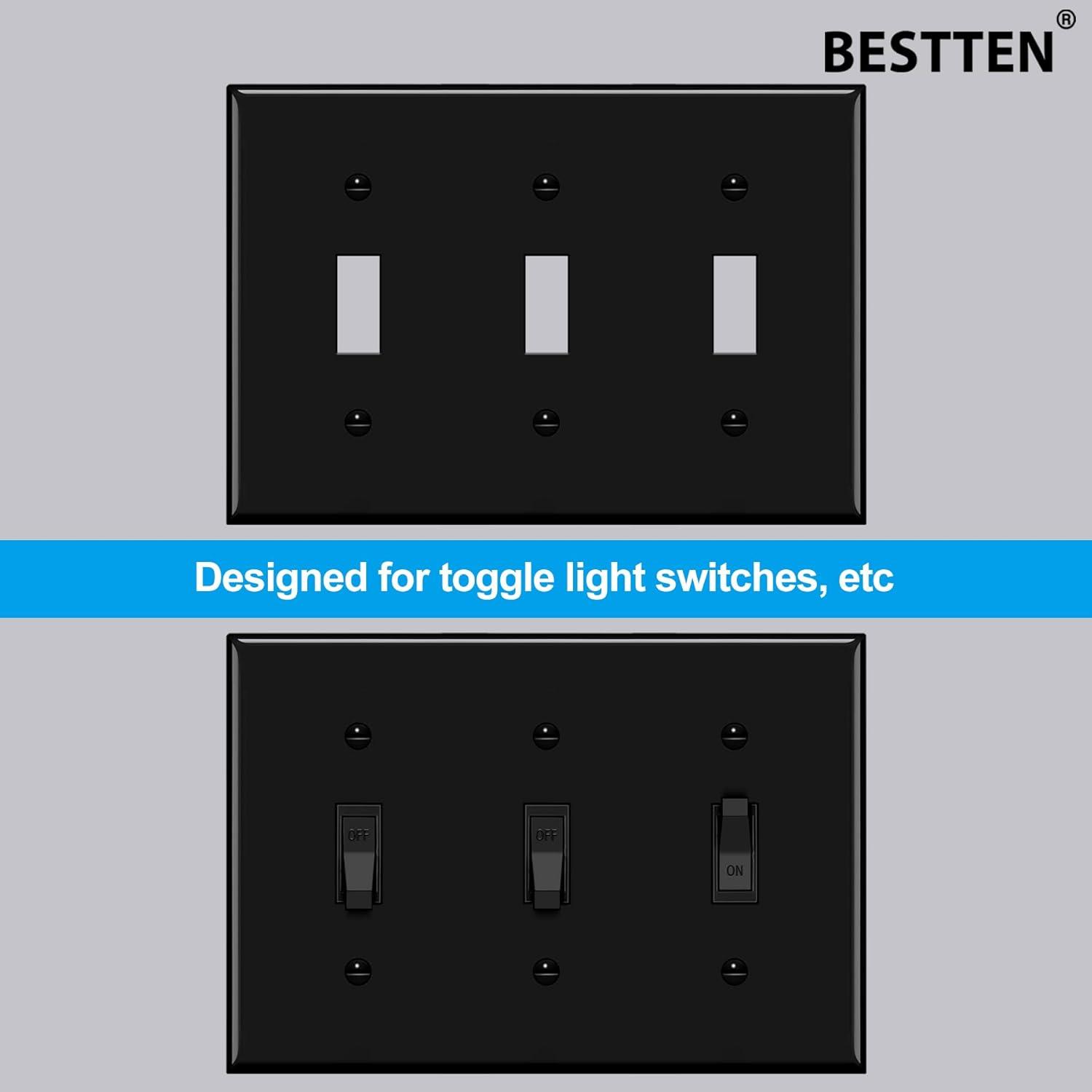 imageBESTTEN 2 Pack 3Gang Toggle Wall Plate Unbreakable Polycarbonate Toggle Light Switch Cover Standard Size UL Listed WhiteBlack