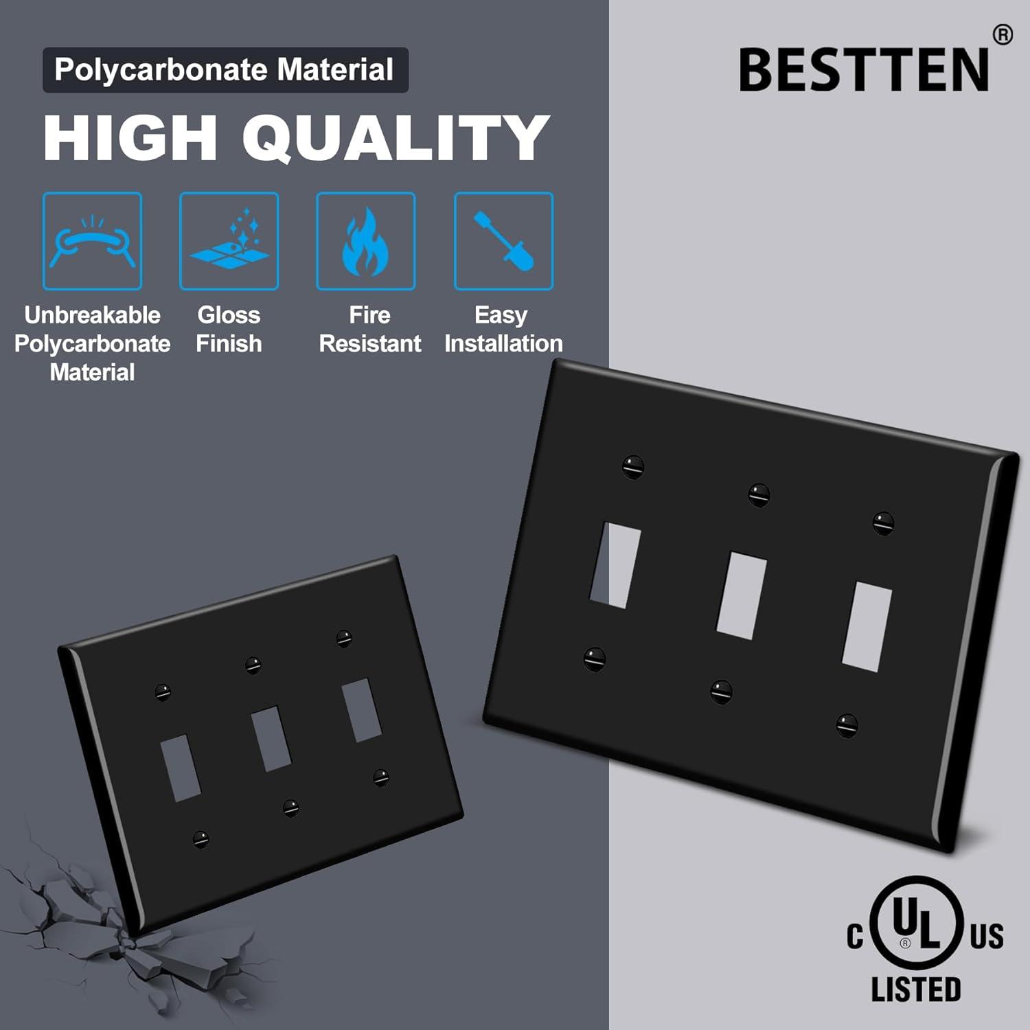 imageBESTTEN 2 Pack 3Gang Toggle Wall Plate Unbreakable Polycarbonate Toggle Light Switch Cover Standard Size UL Listed WhiteBlack