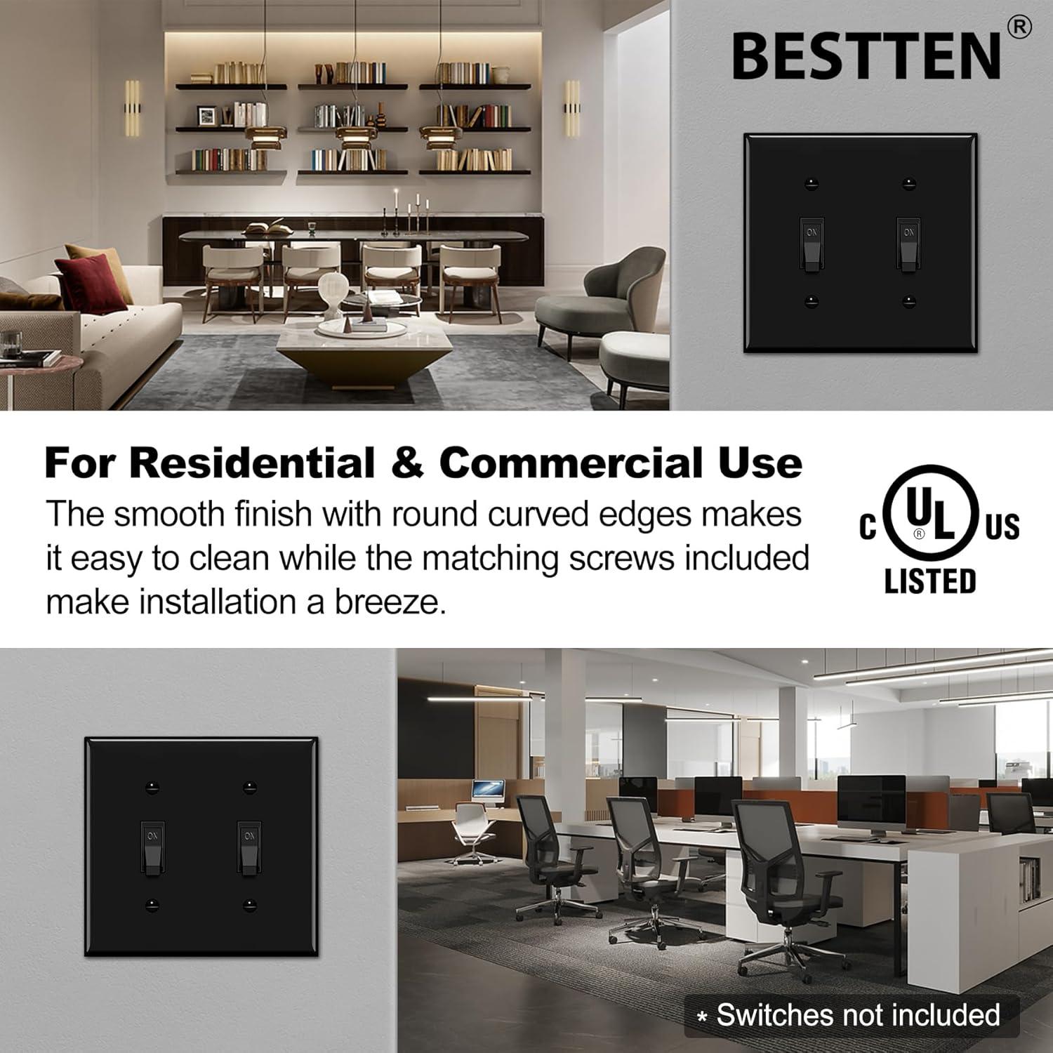 imageBESTTEN 2 Pack 3Gang Toggle Wall Plate Unbreakable Polycarbonate Toggle Light Switch Cover Standard Size UL Listed WhiteBlack