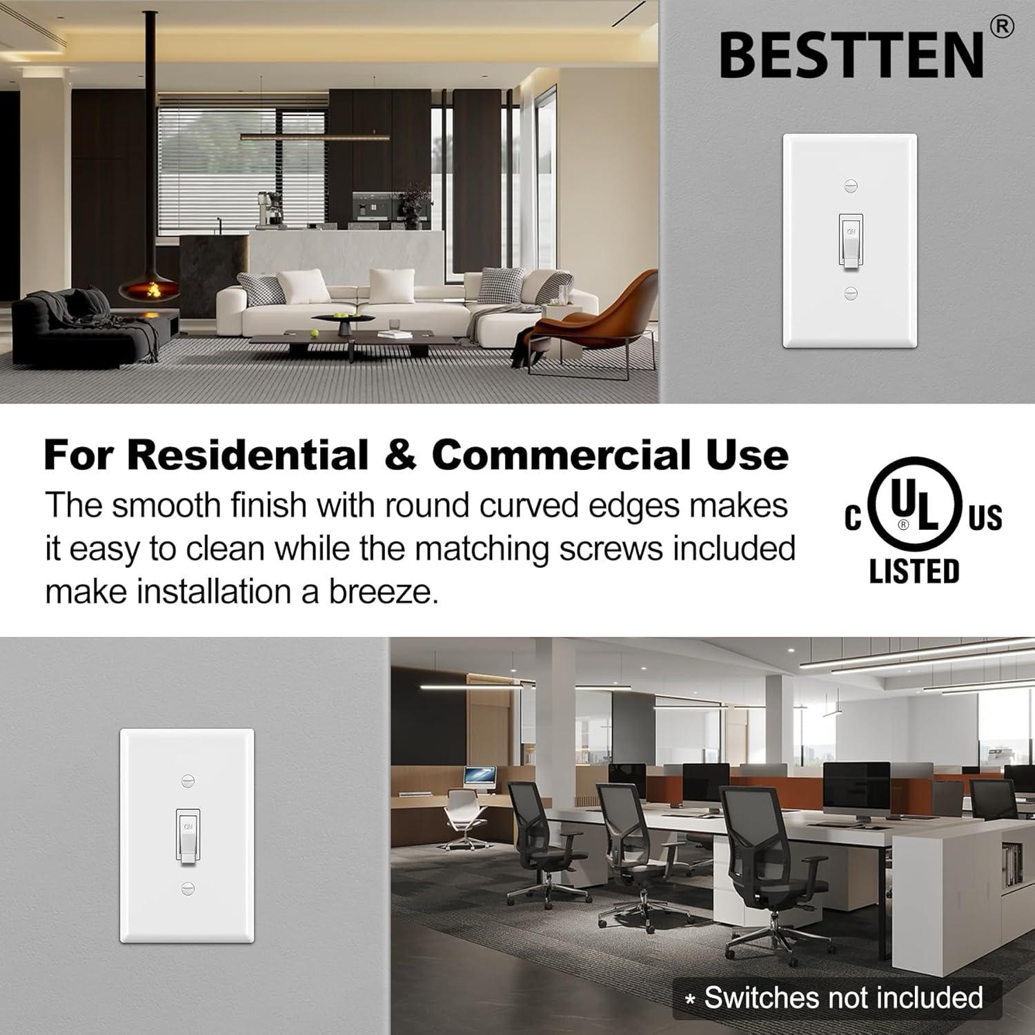 imageBESTTEN 2 Pack 3Gang Toggle Wall Plate Unbreakable Polycarbonate Toggle Light Switch Cover Standard Size UL Listed WhiteWhite