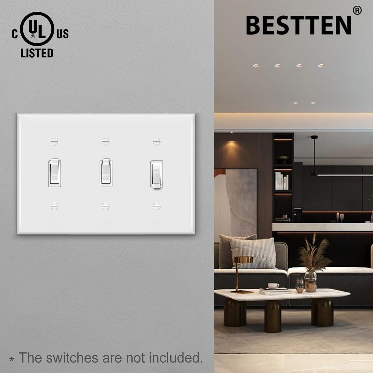 imageBESTTEN 2 Pack 3Gang Toggle Wall Plate Unbreakable Polycarbonate Toggle Light Switch Cover Standard Size UL Listed WhiteWhite
