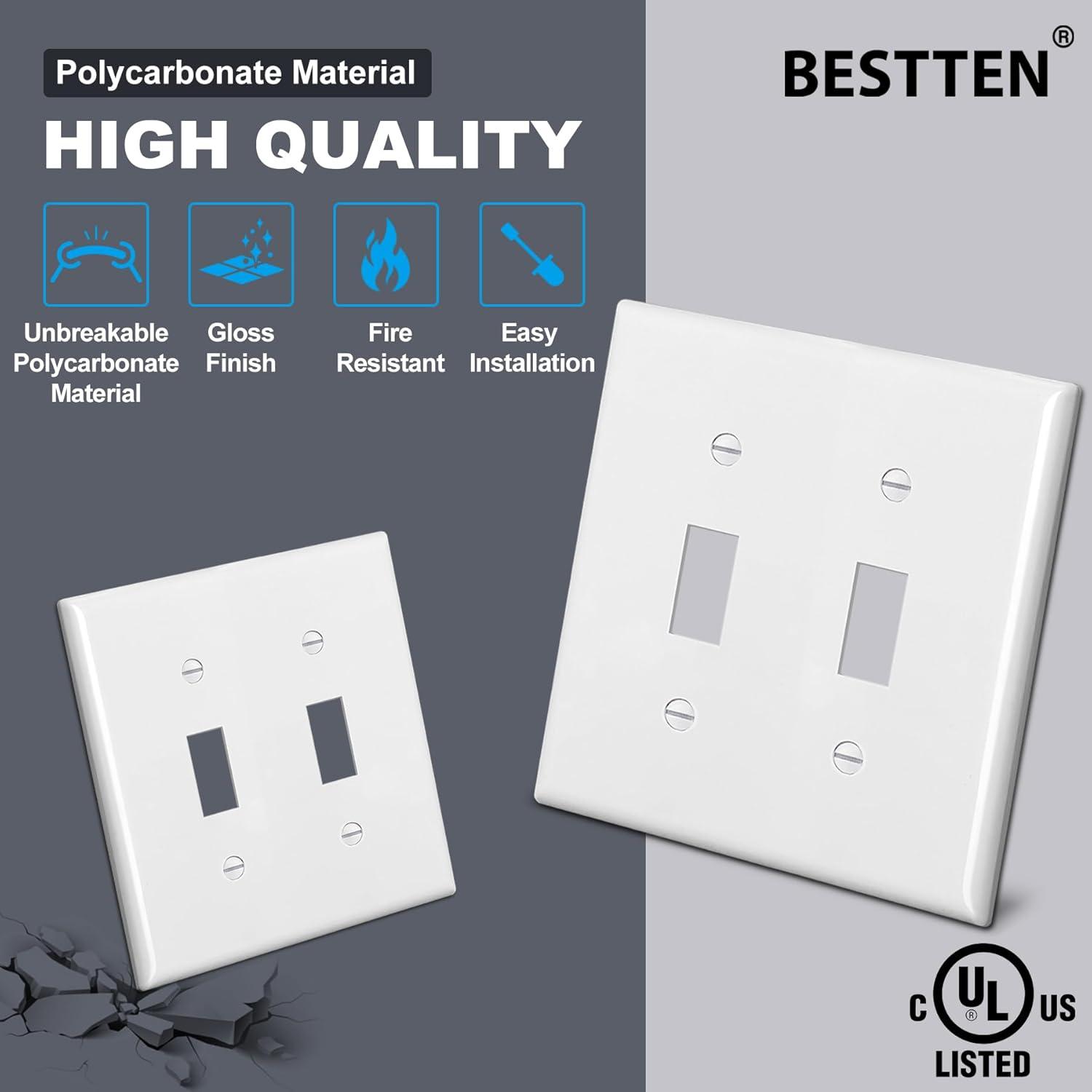 imageBESTTEN 2 Pack 3Gang Toggle Wall Plate Unbreakable Polycarbonate Toggle Light Switch Cover Standard Size UL Listed WhiteWhite