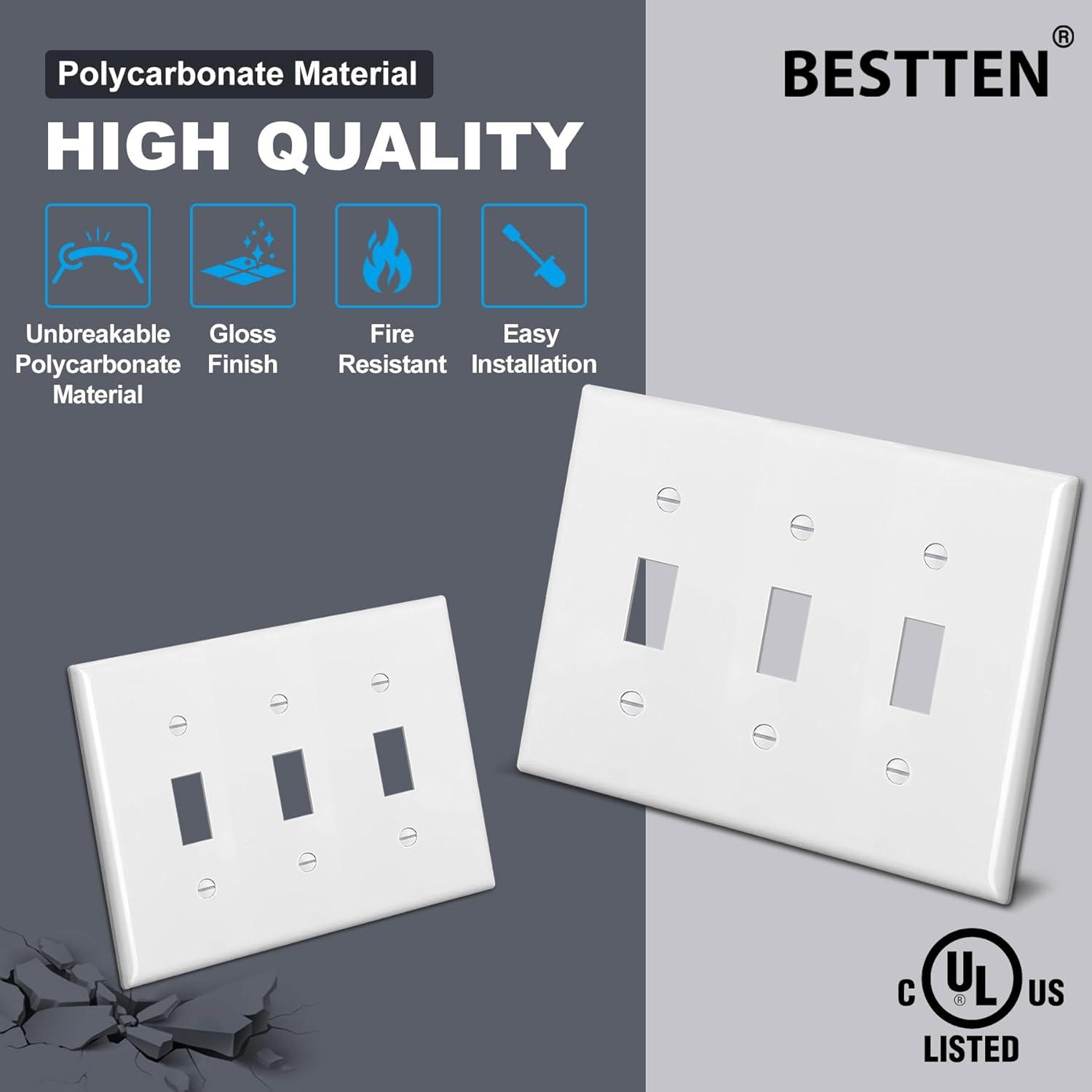 imageBESTTEN 2 Pack 3Gang Toggle Wall Plate Unbreakable Polycarbonate Toggle Light Switch Cover Standard Size UL Listed WhiteWhite
