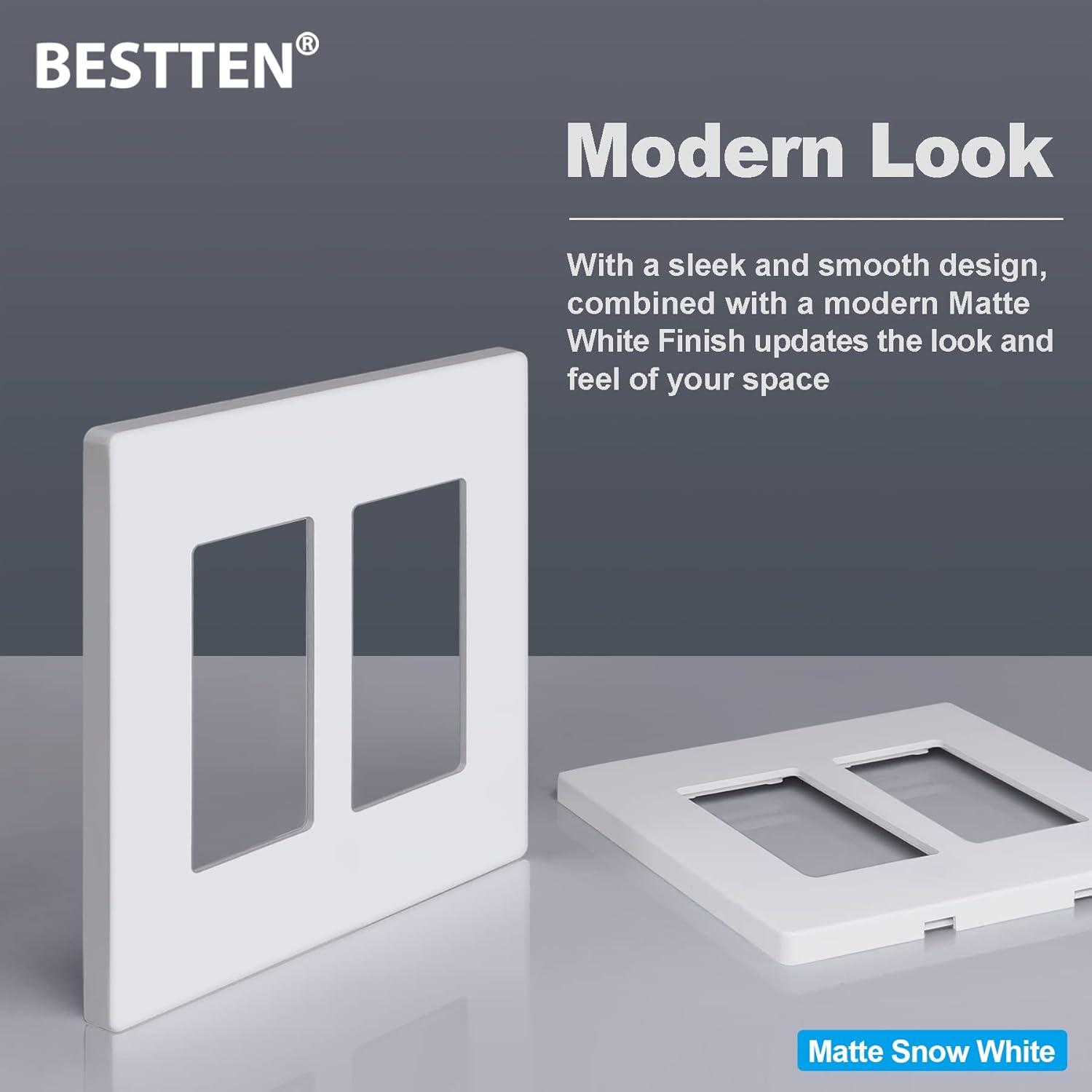 imageBESTTEN 2 Pack 4 Gang Champagne Gold Screwless Ourlet Cover Signature Collection Golden Decor Wall Plate for Light Switch Dimmer Receptacle H469 x W835Matte Snow White